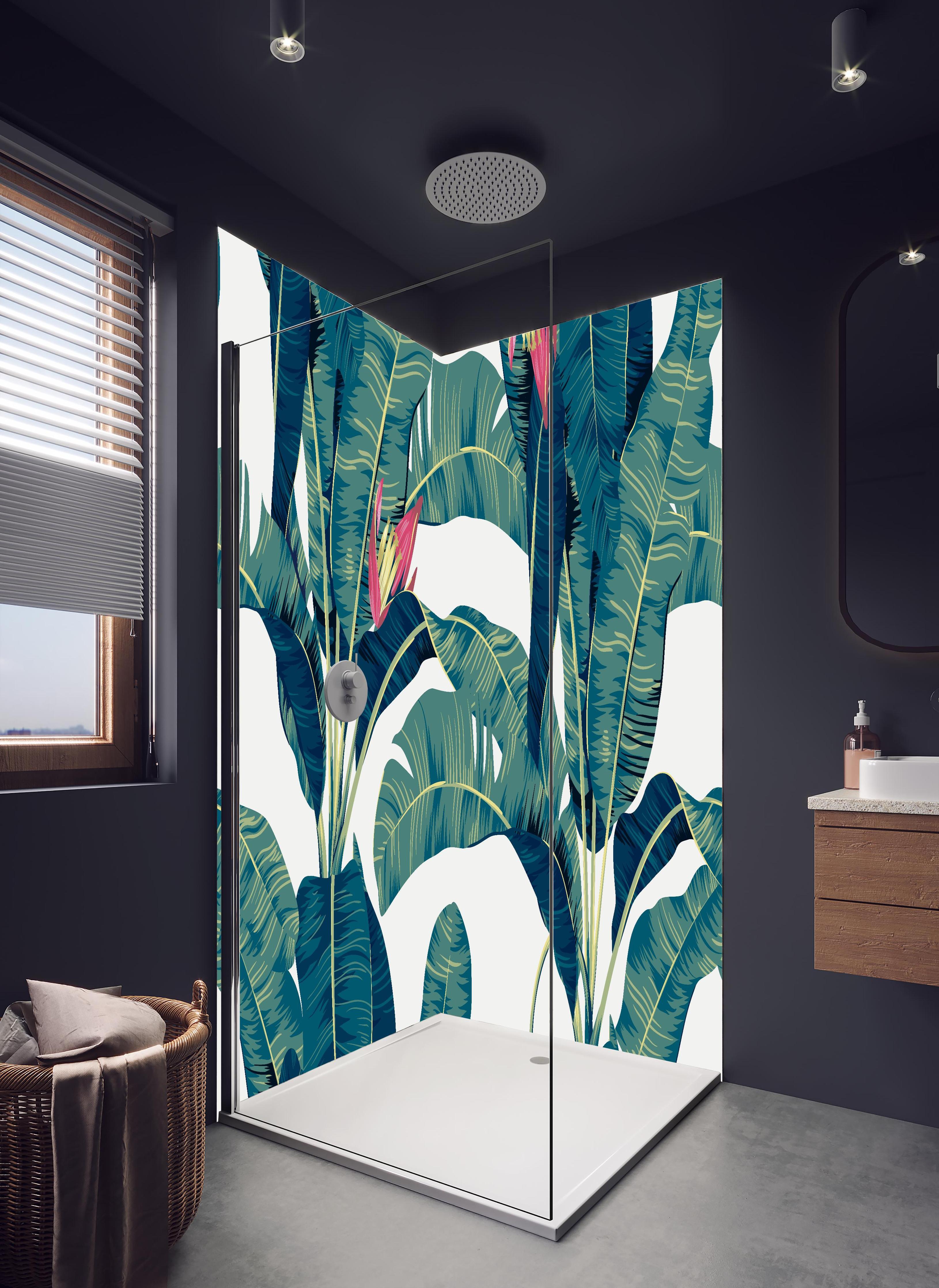 Duschrückwand - Exotisches Blattwerk und Blüten Design in hellem Badezimmer mit Regenduschkopf - zweiteilige Eck-Duschrückwand