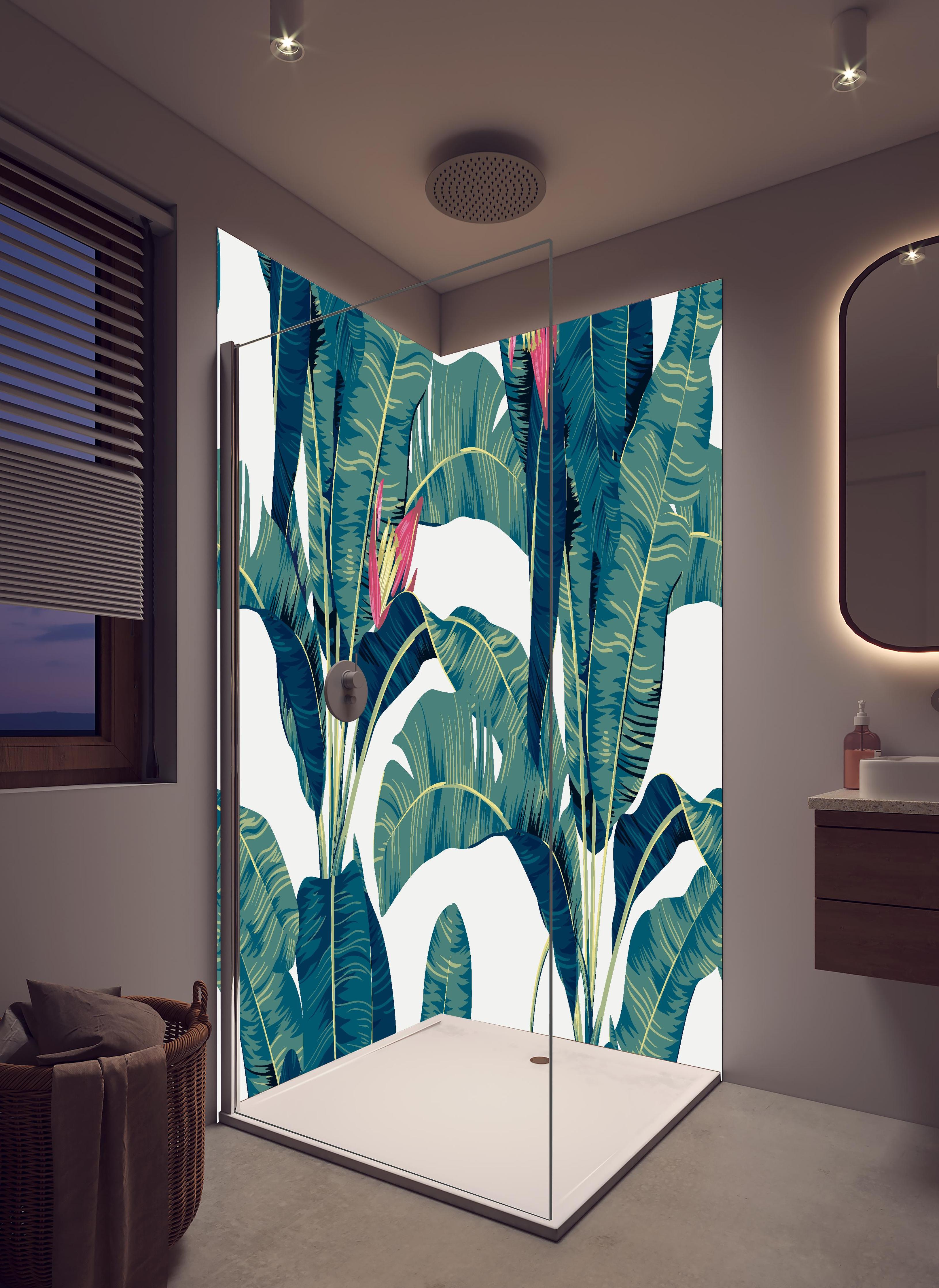 Duschrückwand - Exotisches Blattwerk und Blüten Design in hellem Badezimmer mit Regenduschkopf - zweiteilige Eck-Duschrückwand