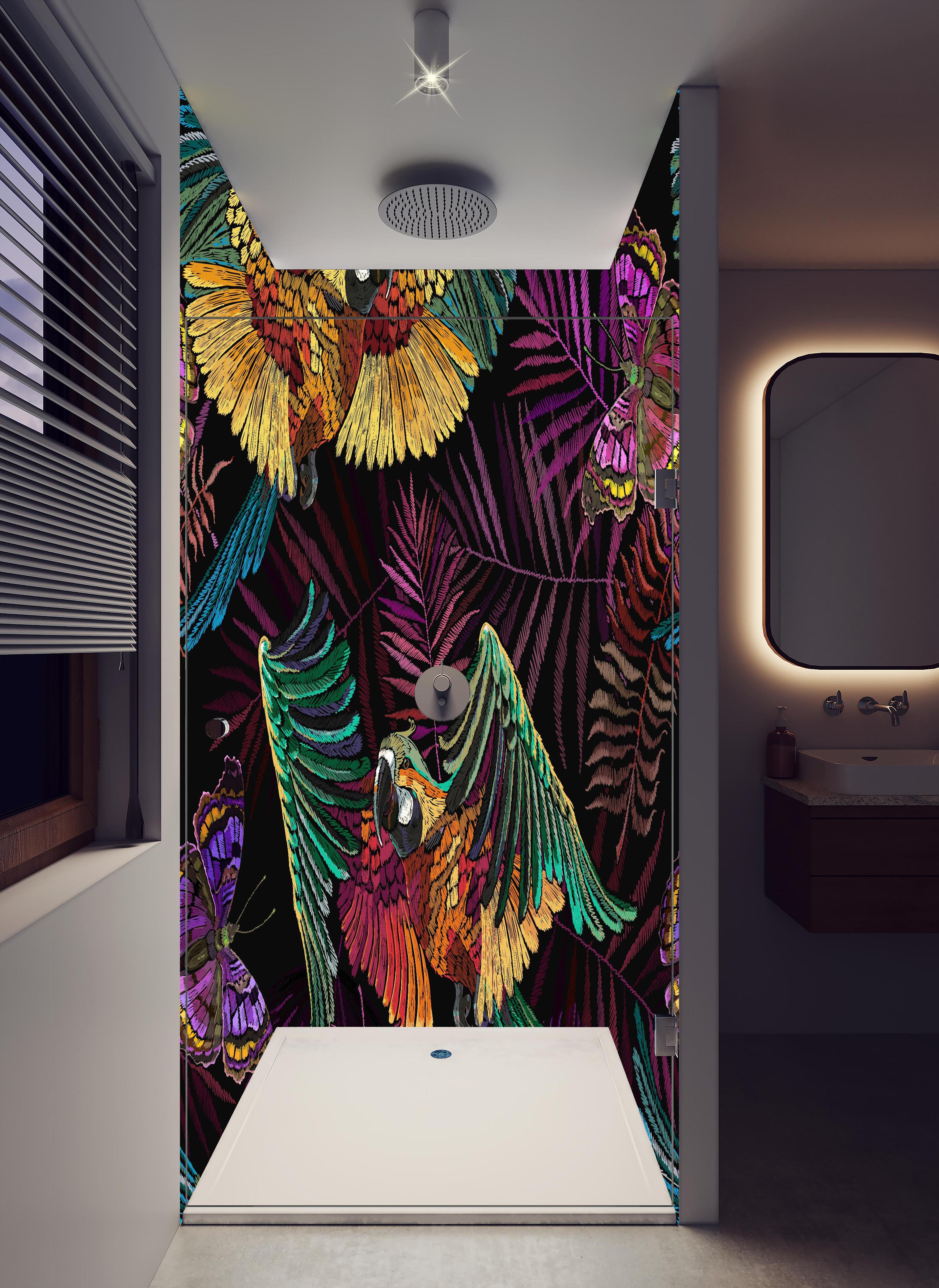 Duschrückwand - Exotisches Paradies mit Ara und Schmetterling in hellem Badezimmer mit Regenduschkopf - zweiteilige Eck-Duschrückwand