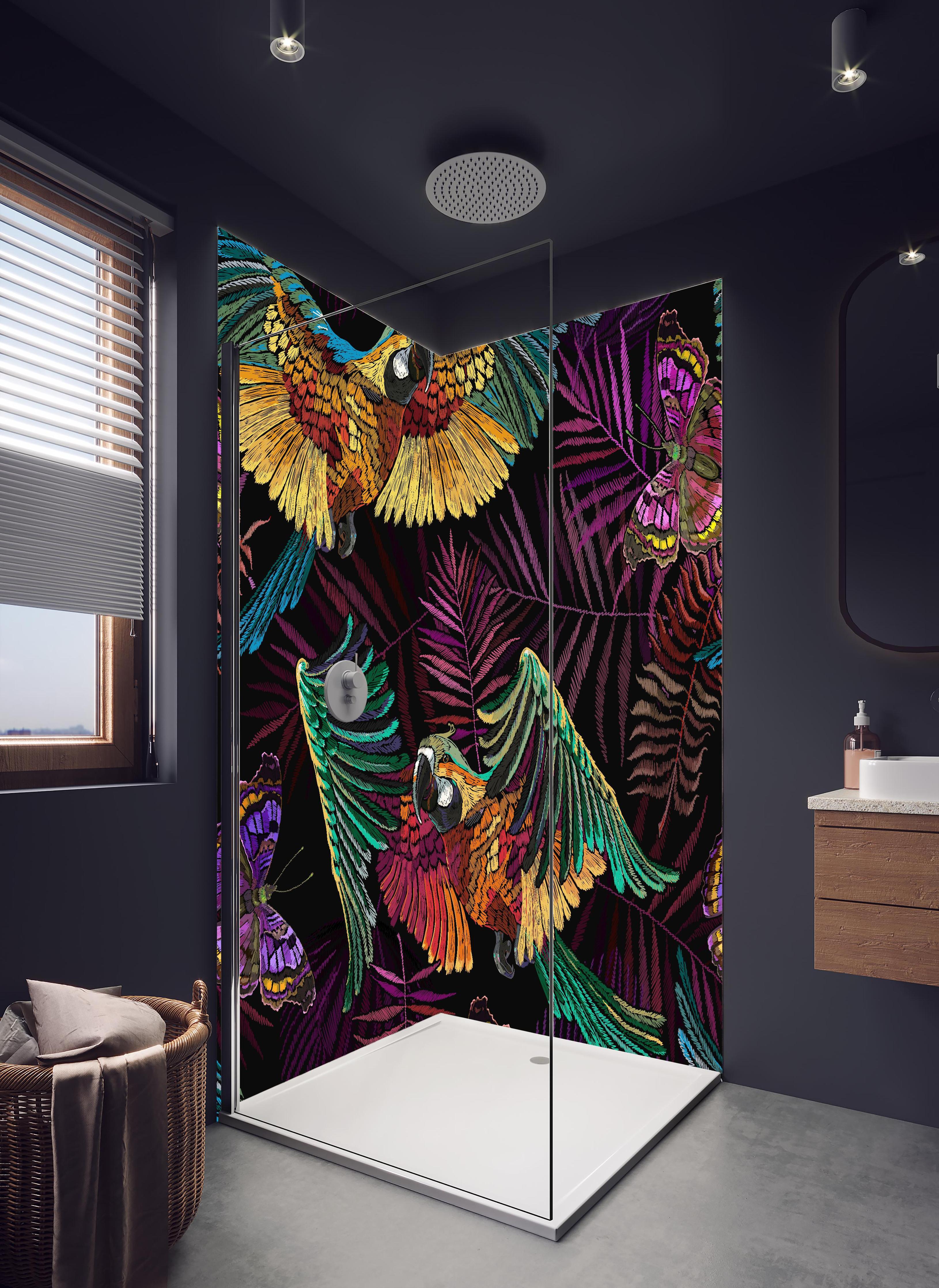 Duschrückwand - Exotisches Paradies mit Ara und Schmetterling in hellem Badezimmer mit Regenduschkopf - zweiteilige Eck-Duschrückwand