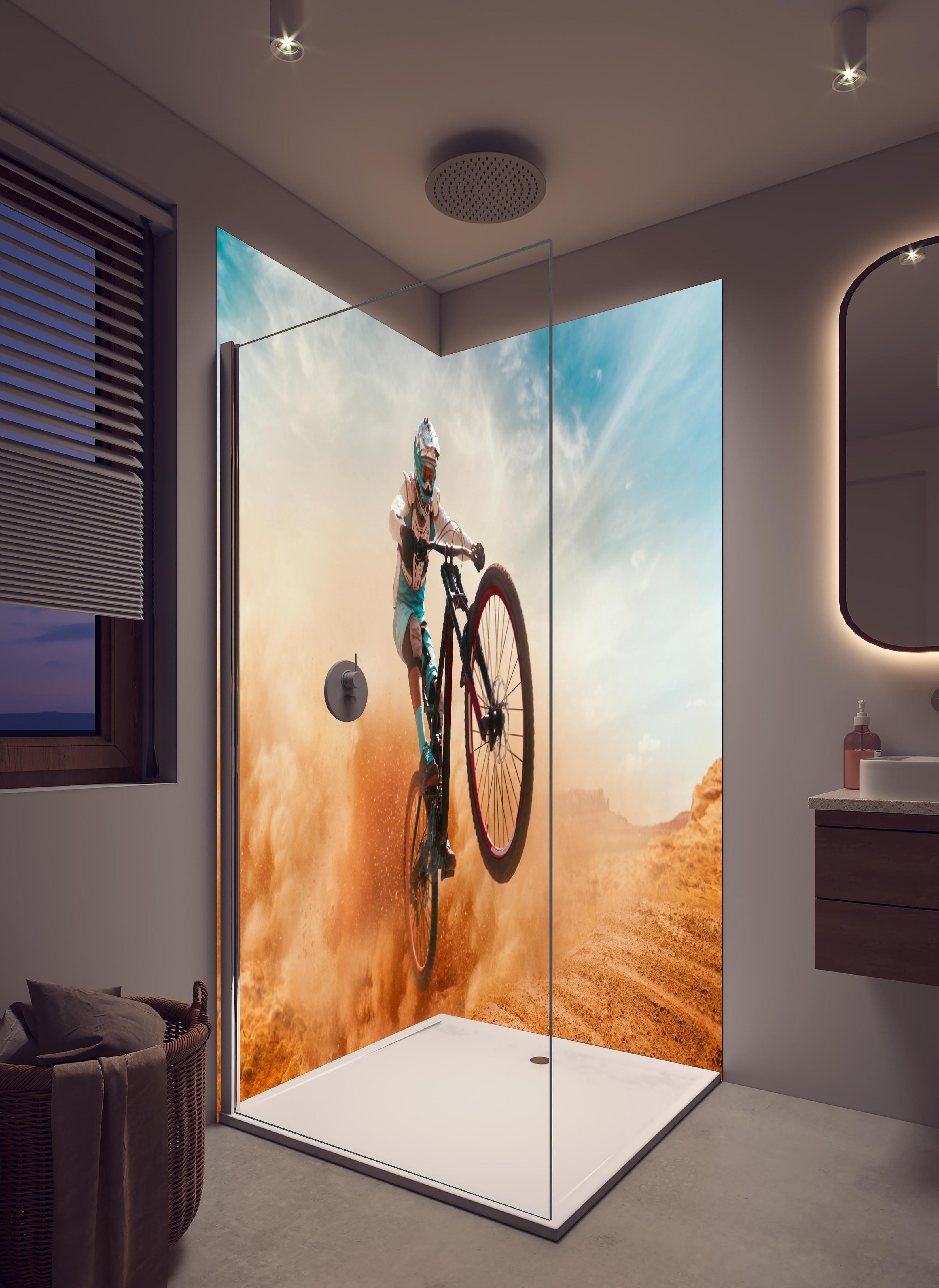 Duschrückwand - Fahrrad Fahrer - Wüstenlandschaft in hellem Badezimmer mit Regenduschkopf - zweiteilige Eck-Duschrückwand