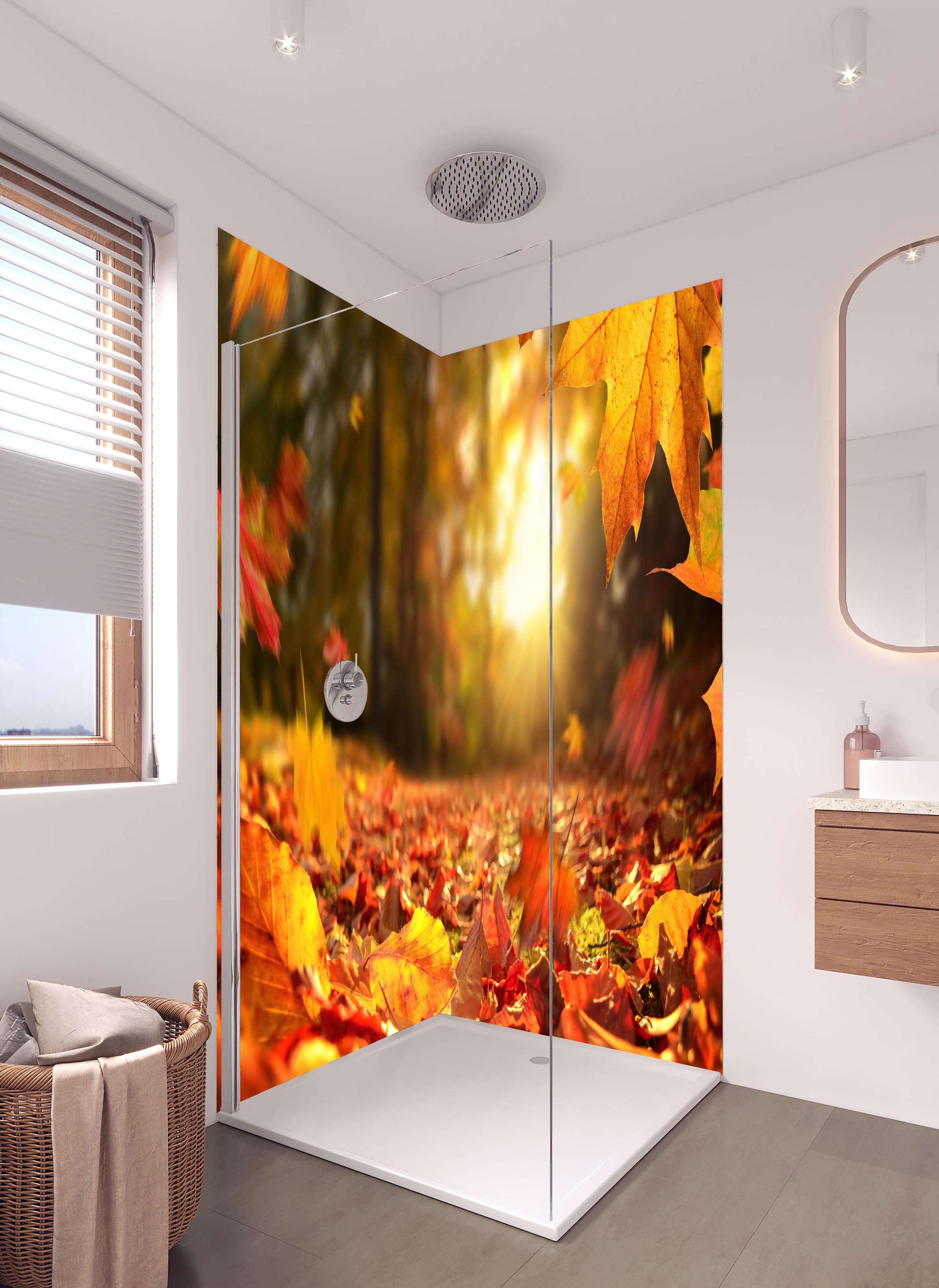 Duschrückwand - Fallende Blätter im Herbst in hellem Badezimmer mit Regenduschkopf - zweiteilige Eck-Duschrückwand
