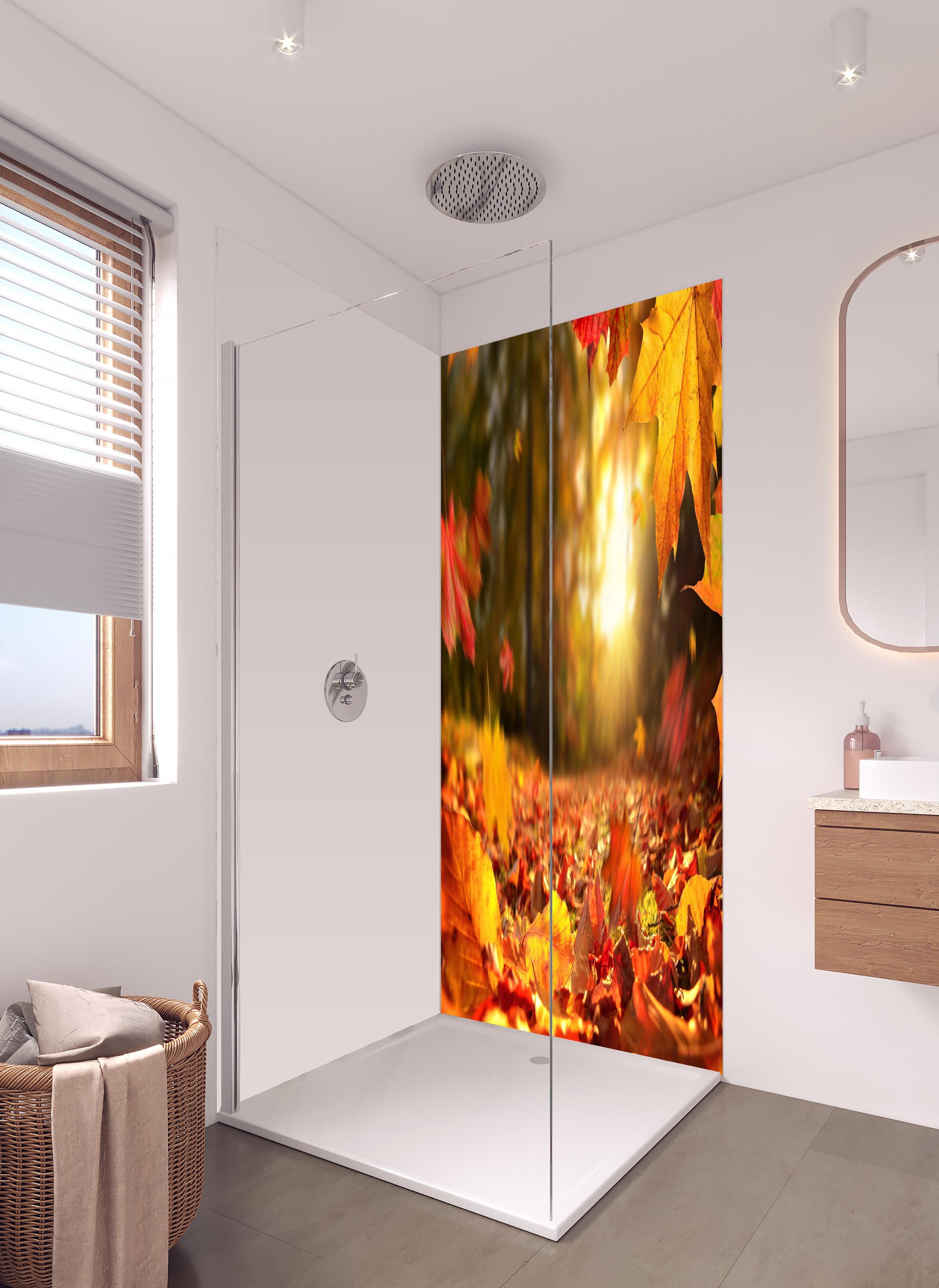 Duschrückwand - Fallende Blätter im Herbst in hellem Badezimmer mit Regenduschkopf - zweiteilige Eck-Duschrückwand