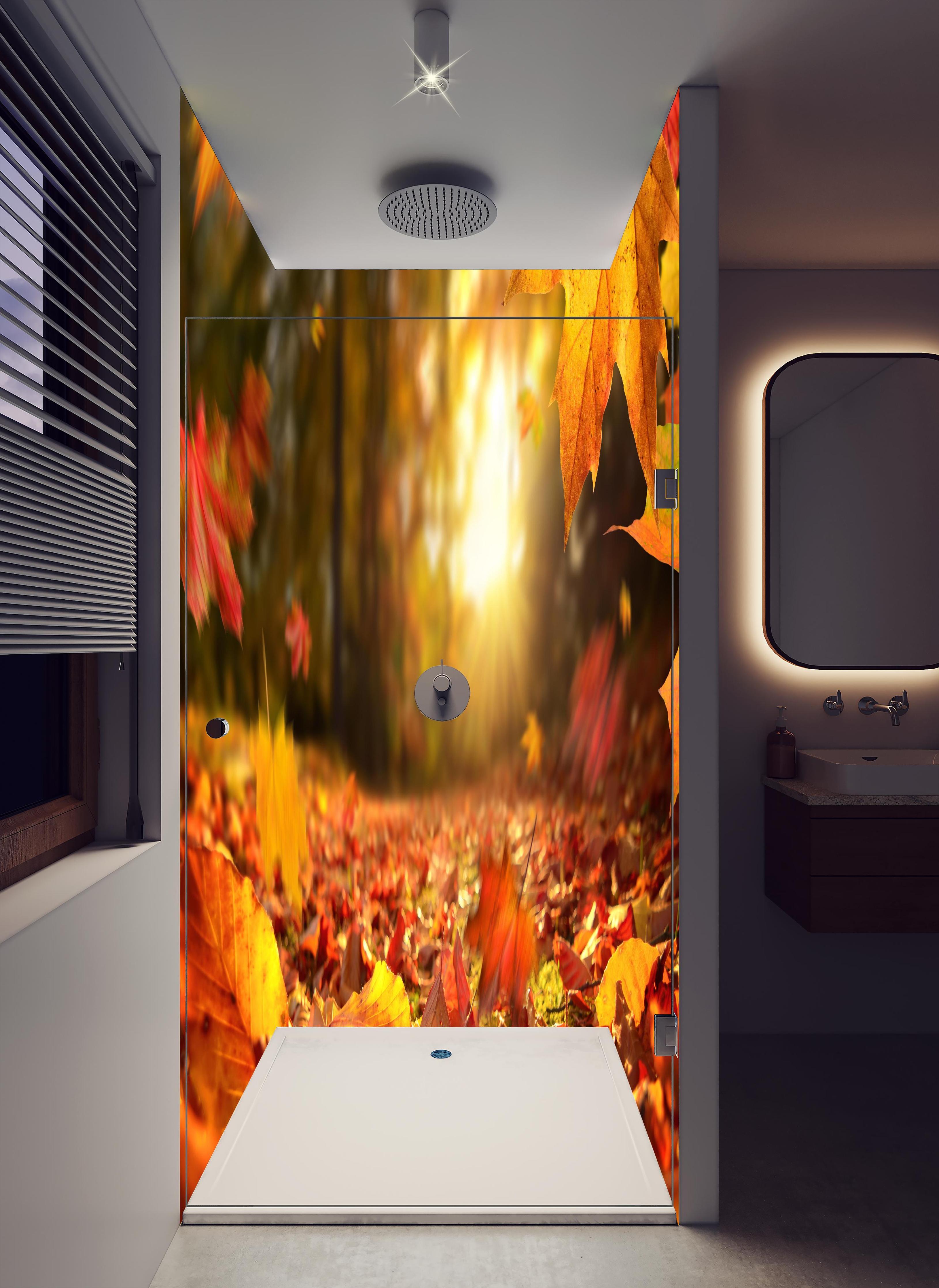 Duschrückwand - Fallende Blätter im Herbst in hellem Badezimmer mit Regenduschkopf - zweiteilige Eck-Duschrückwand