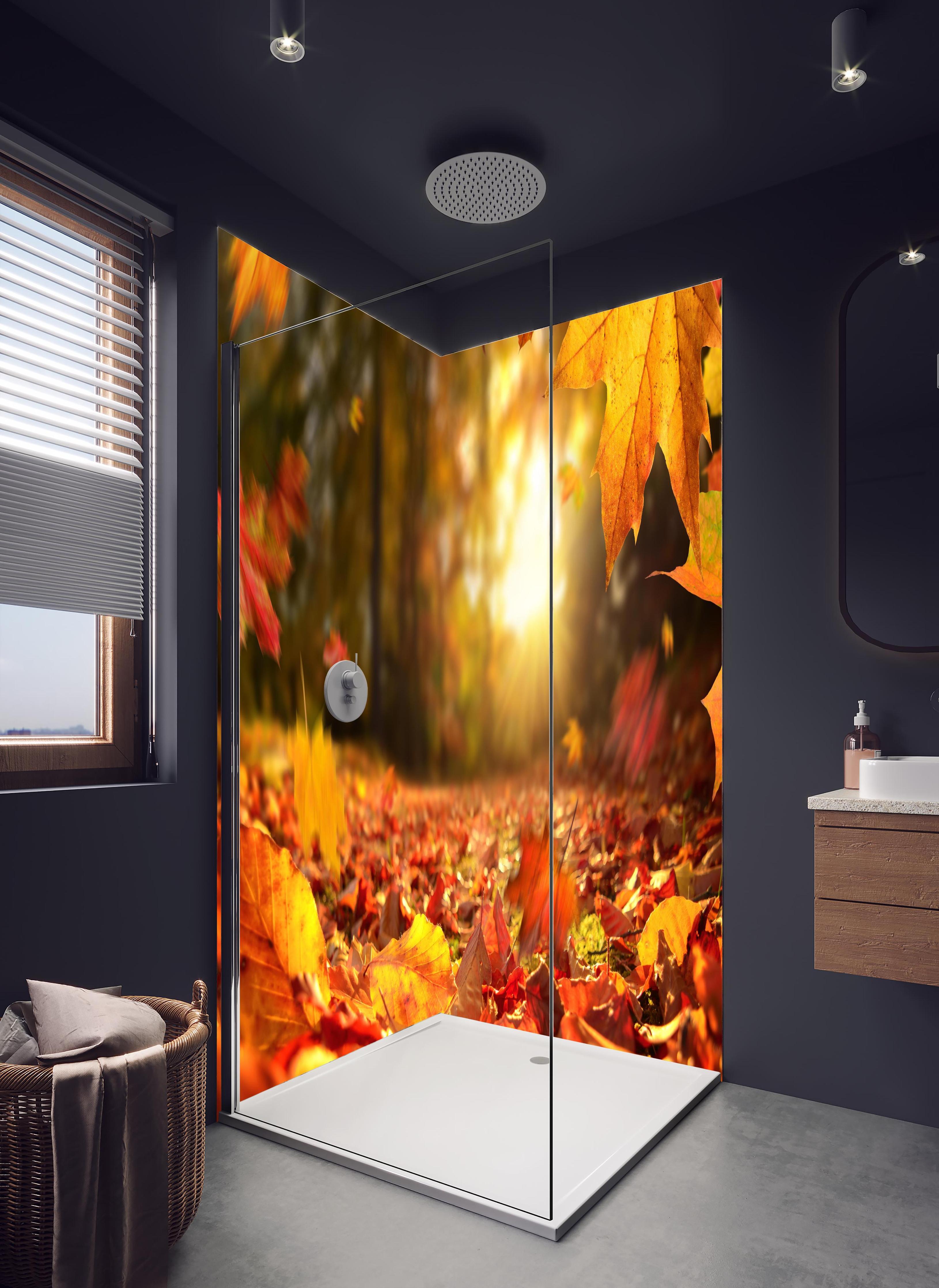 Duschrückwand - Fallende Blätter im Herbst in hellem Badezimmer mit Regenduschkopf - zweiteilige Eck-Duschrückwand