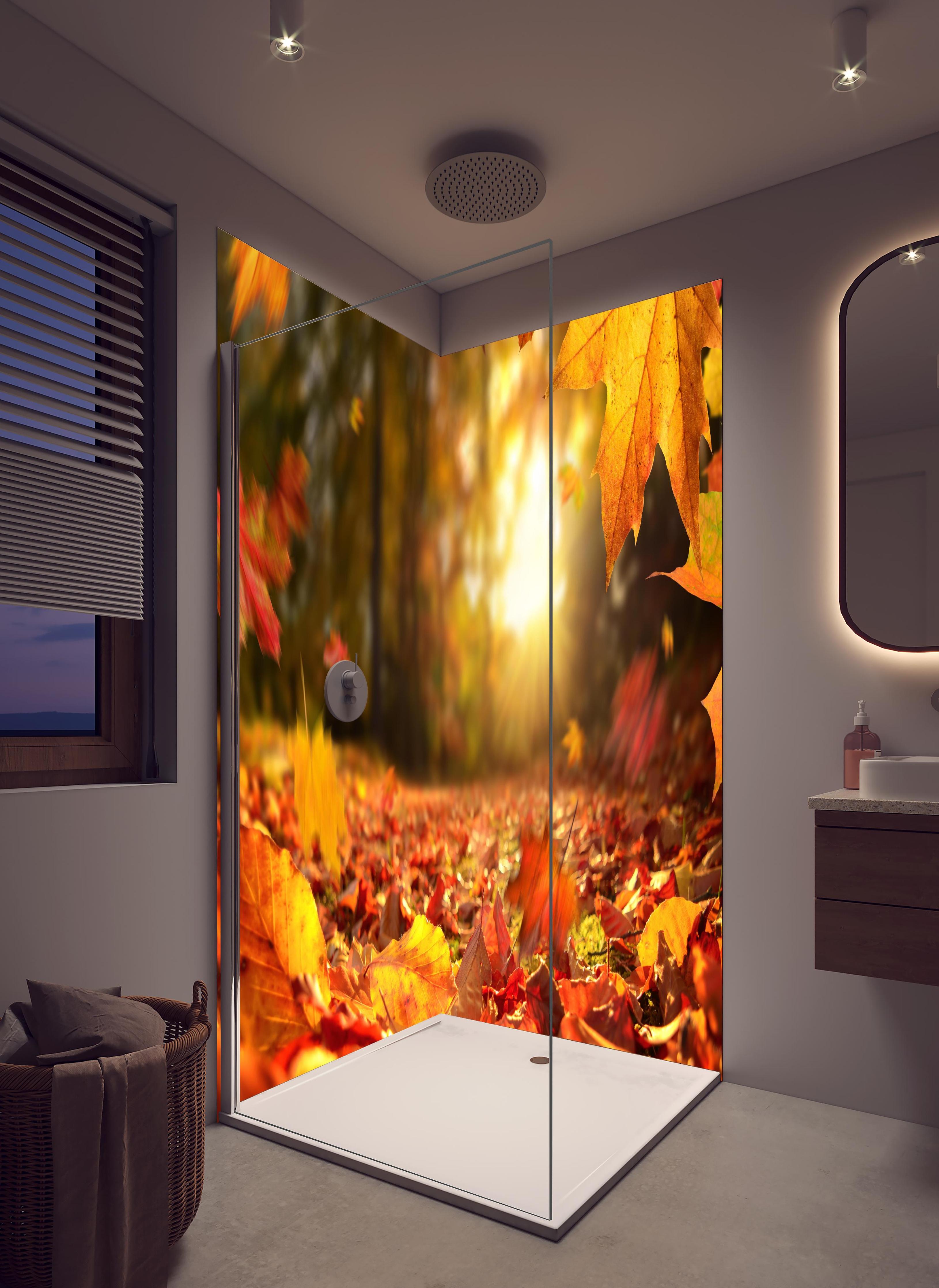 Duschrückwand - Fallende Blätter im Herbst in hellem Badezimmer mit Regenduschkopf - zweiteilige Eck-Duschrückwand