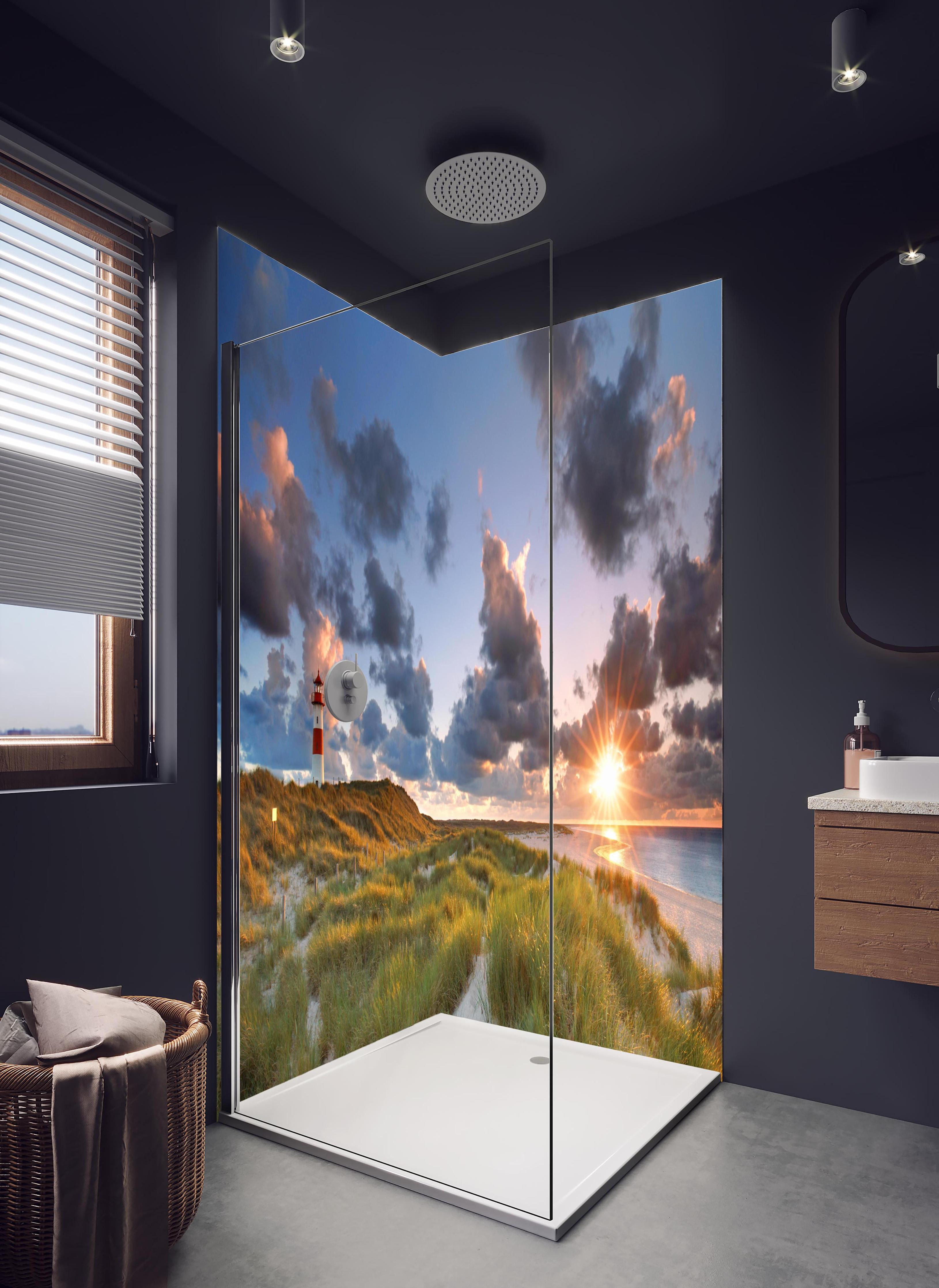 Duschrückwand - Familienküche mit Holztisch in hellem Badezimmer mit Regenduschkopf - zweiteilige Eck-Duschrückwand