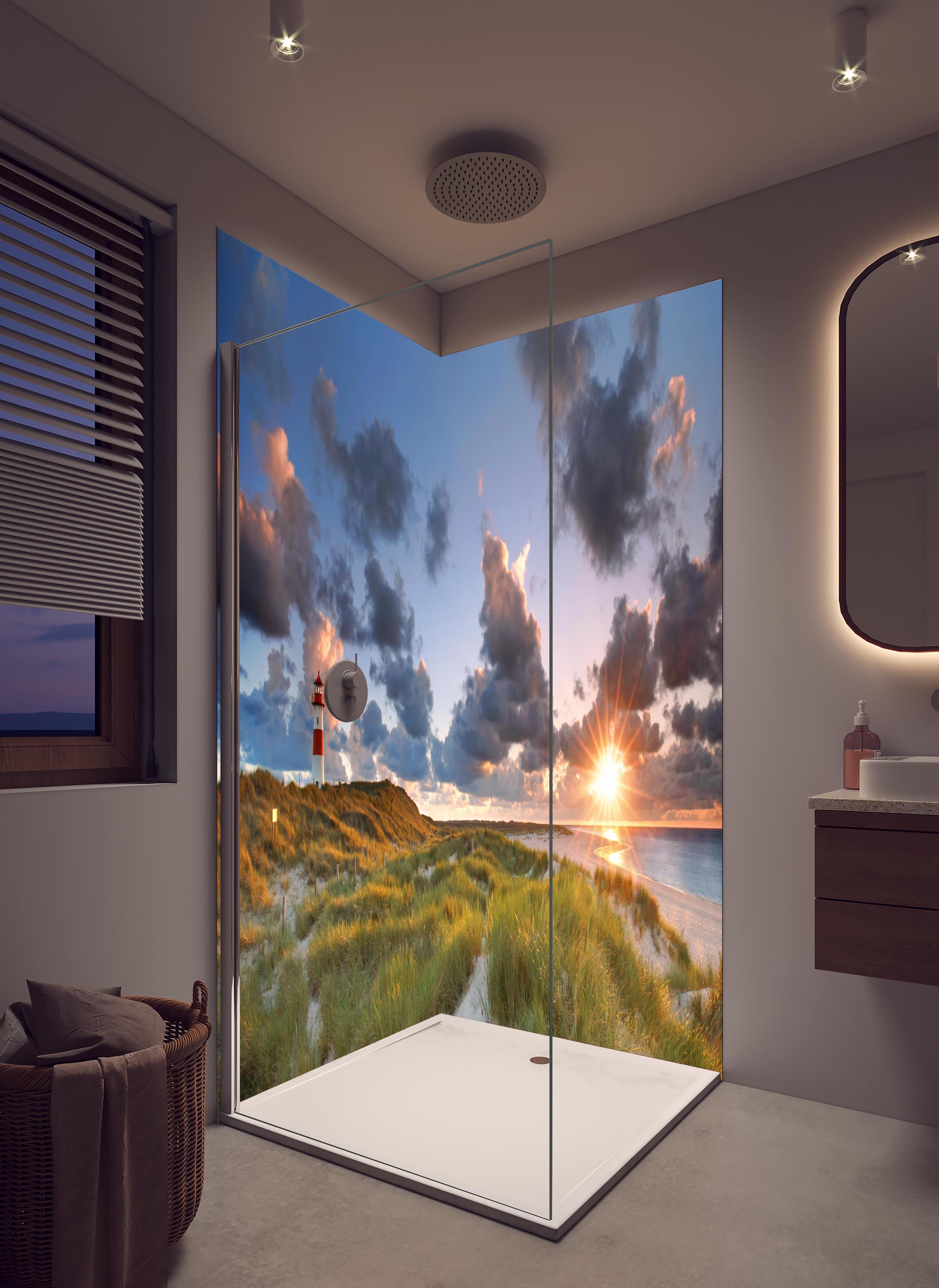 Duschrückwand - Familienküche mit Holztisch in hellem Badezimmer mit Regenduschkopf - zweiteilige Eck-Duschrückwand