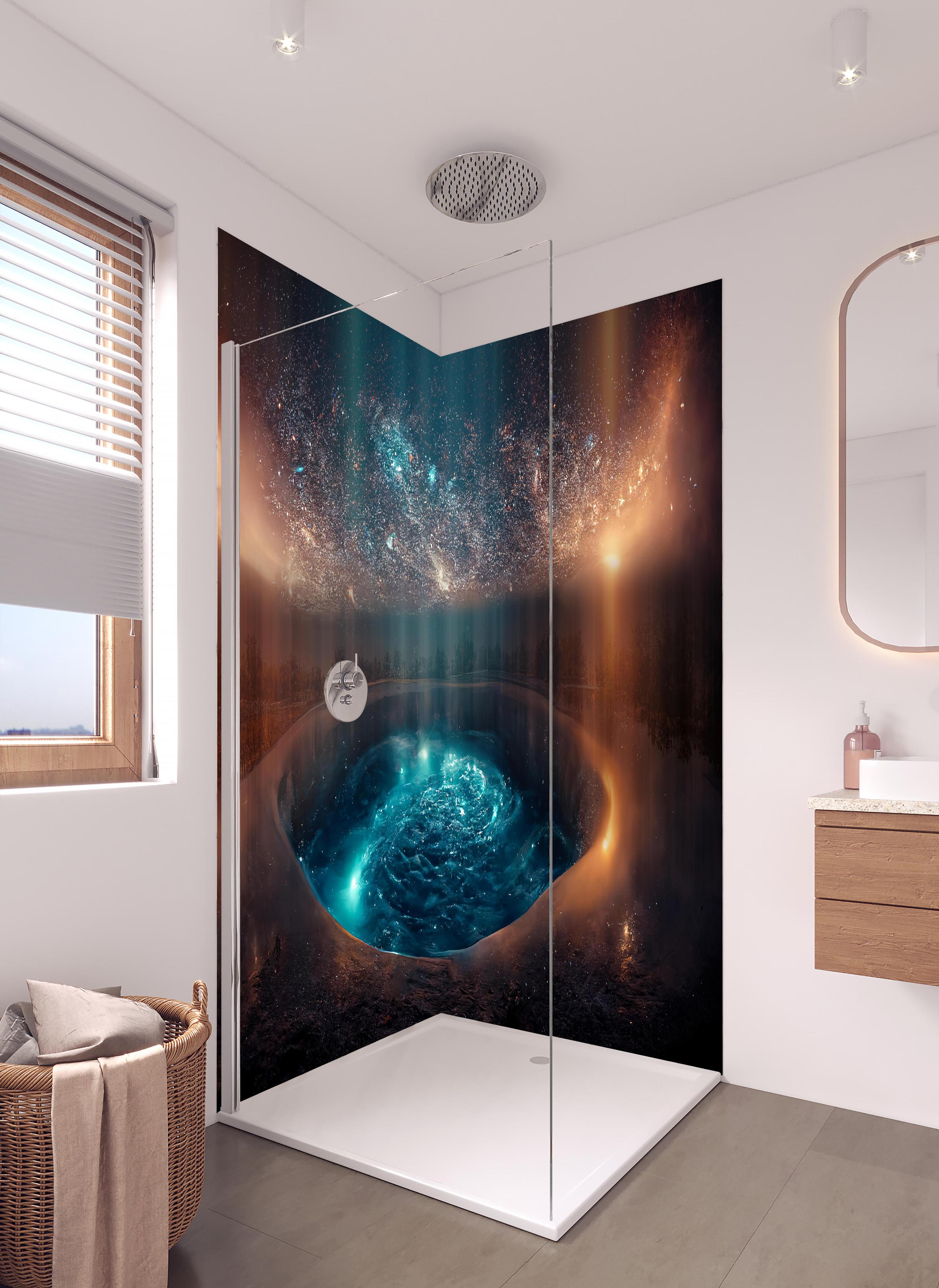 Duschrückwand - Fantasielandschaft - Nächtlicher Blick in hellem Badezimmer mit Regenduschkopf - zweiteilige Eck-Duschrückwand