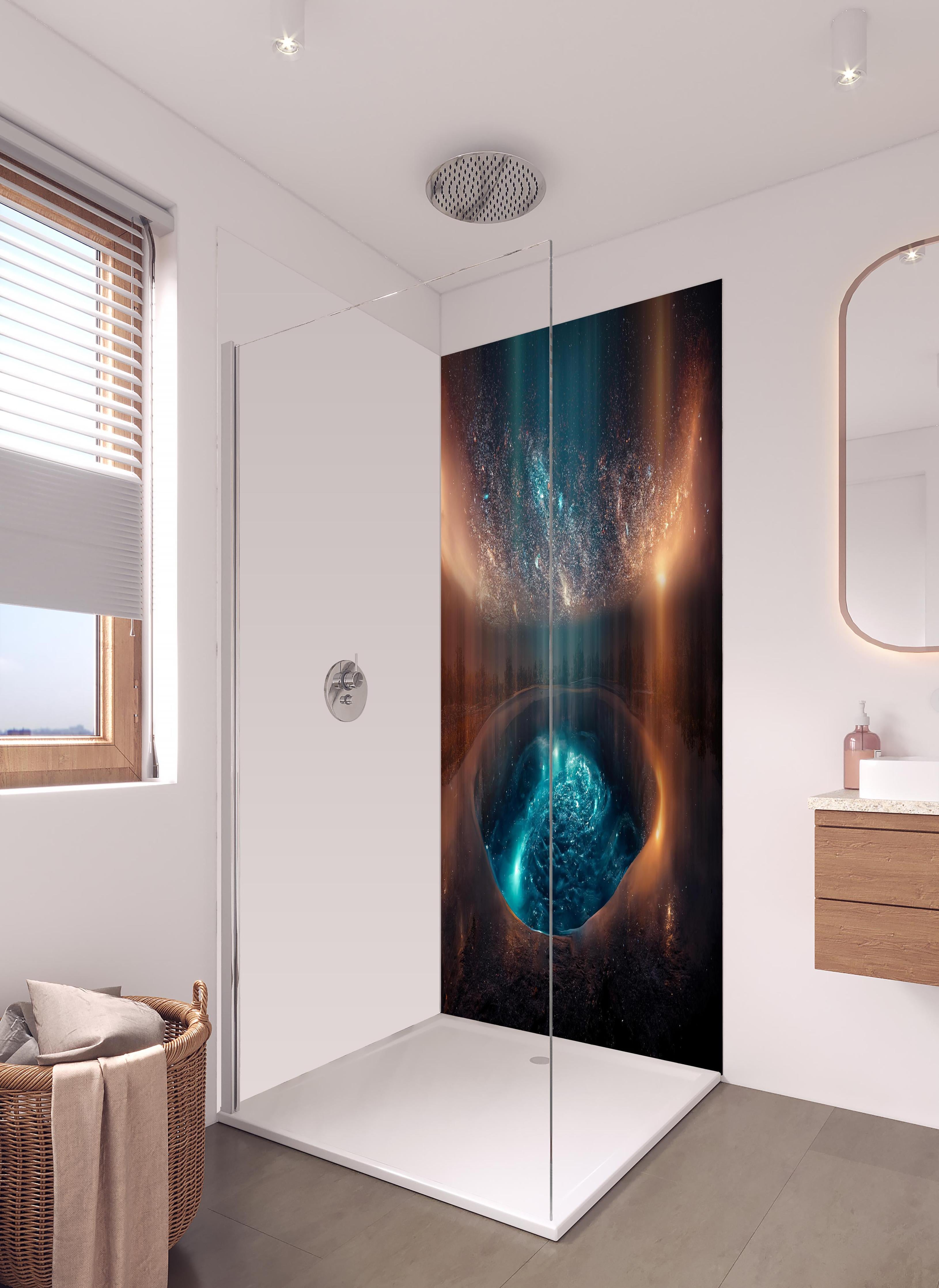 Duschrückwand - Fantasielandschaft - Nächtlicher Blick in hellem Badezimmer mit Regenduschkopf - zweiteilige Eck-Duschrückwand