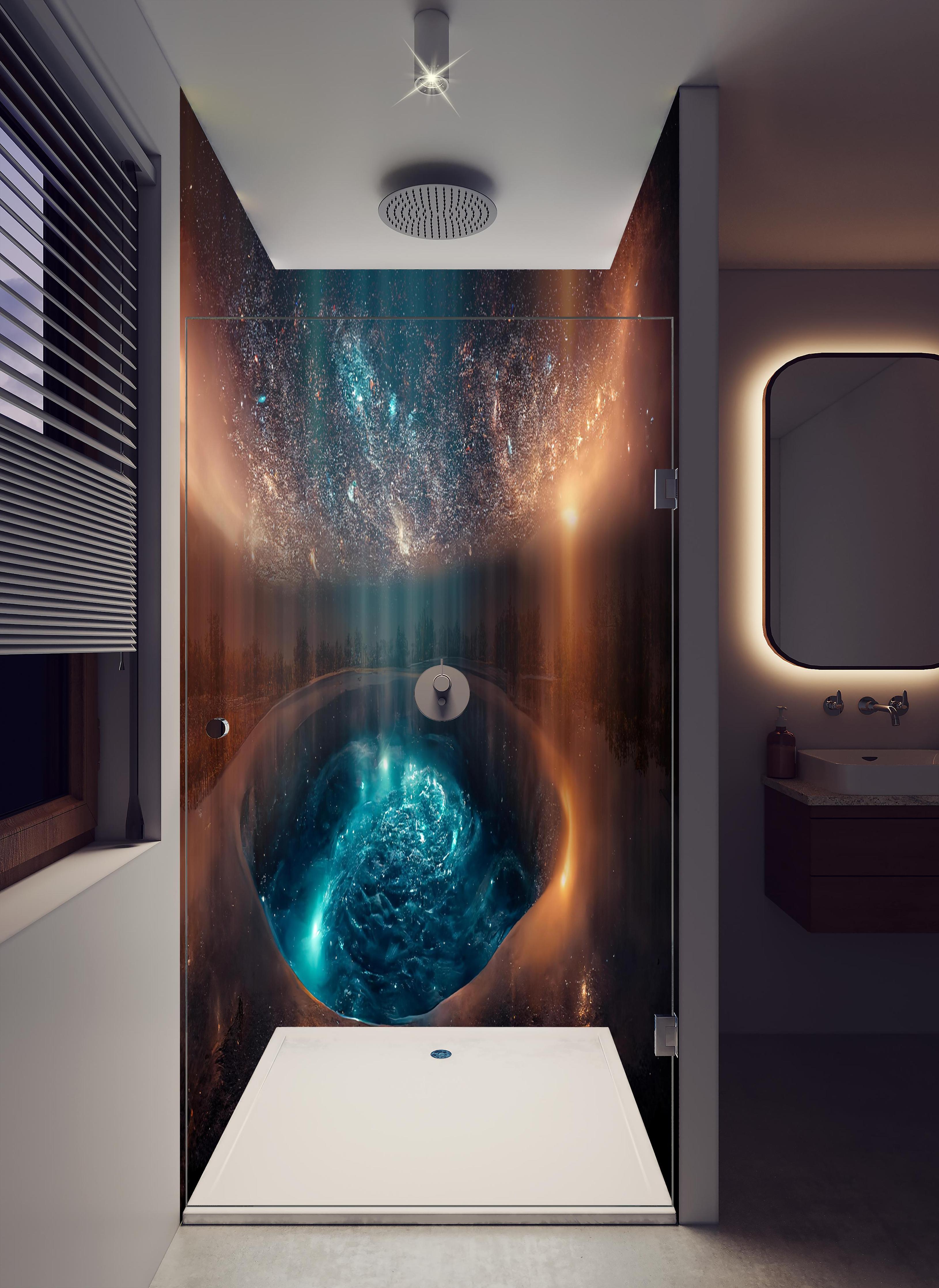 Duschrückwand - Fantasielandschaft - Nächtlicher Blick in hellem Badezimmer mit Regenduschkopf - zweiteilige Eck-Duschrückwand