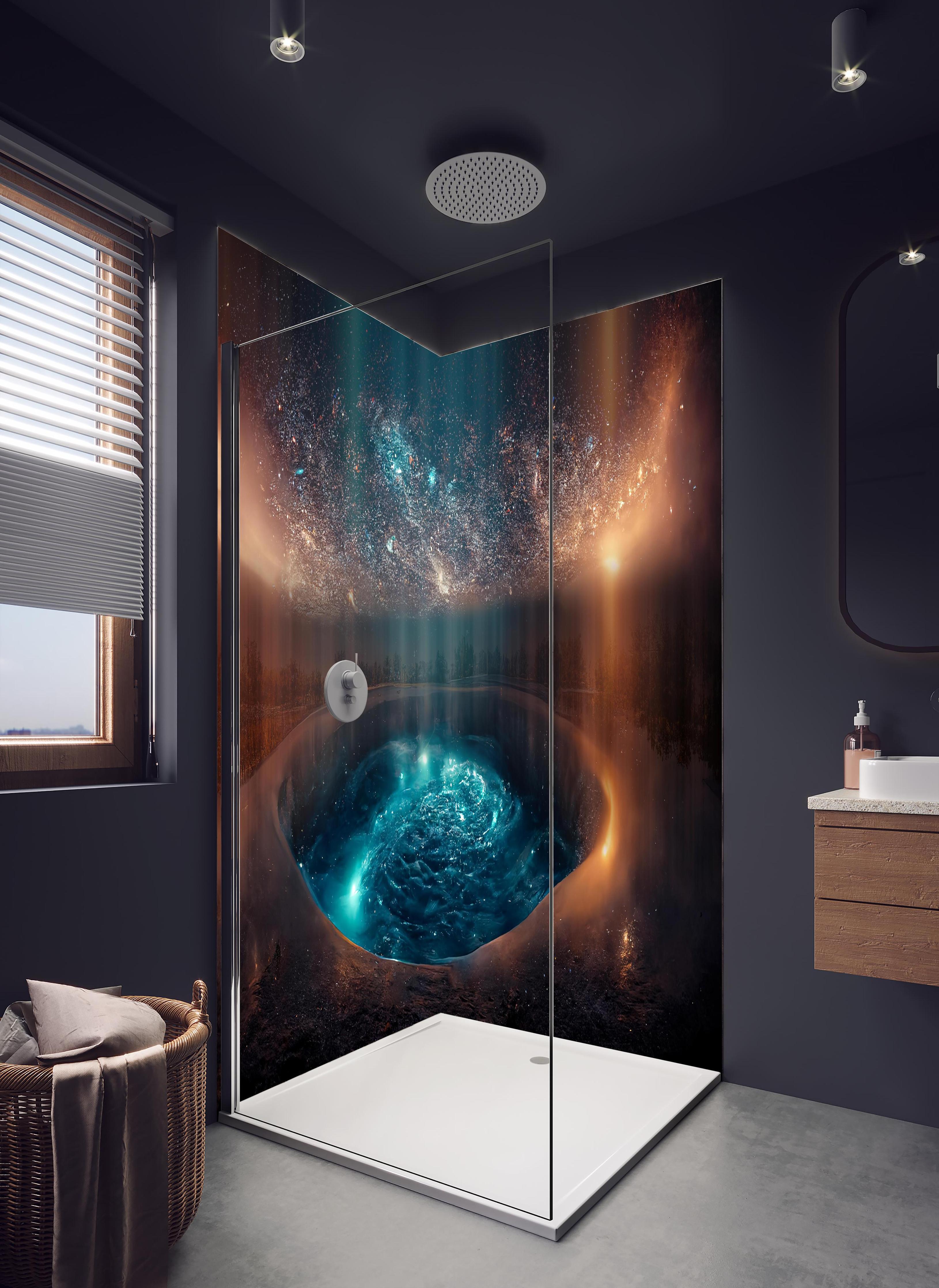 Duschrückwand - Fantasielandschaft - Nächtlicher Blick in hellem Badezimmer mit Regenduschkopf - zweiteilige Eck-Duschrückwand