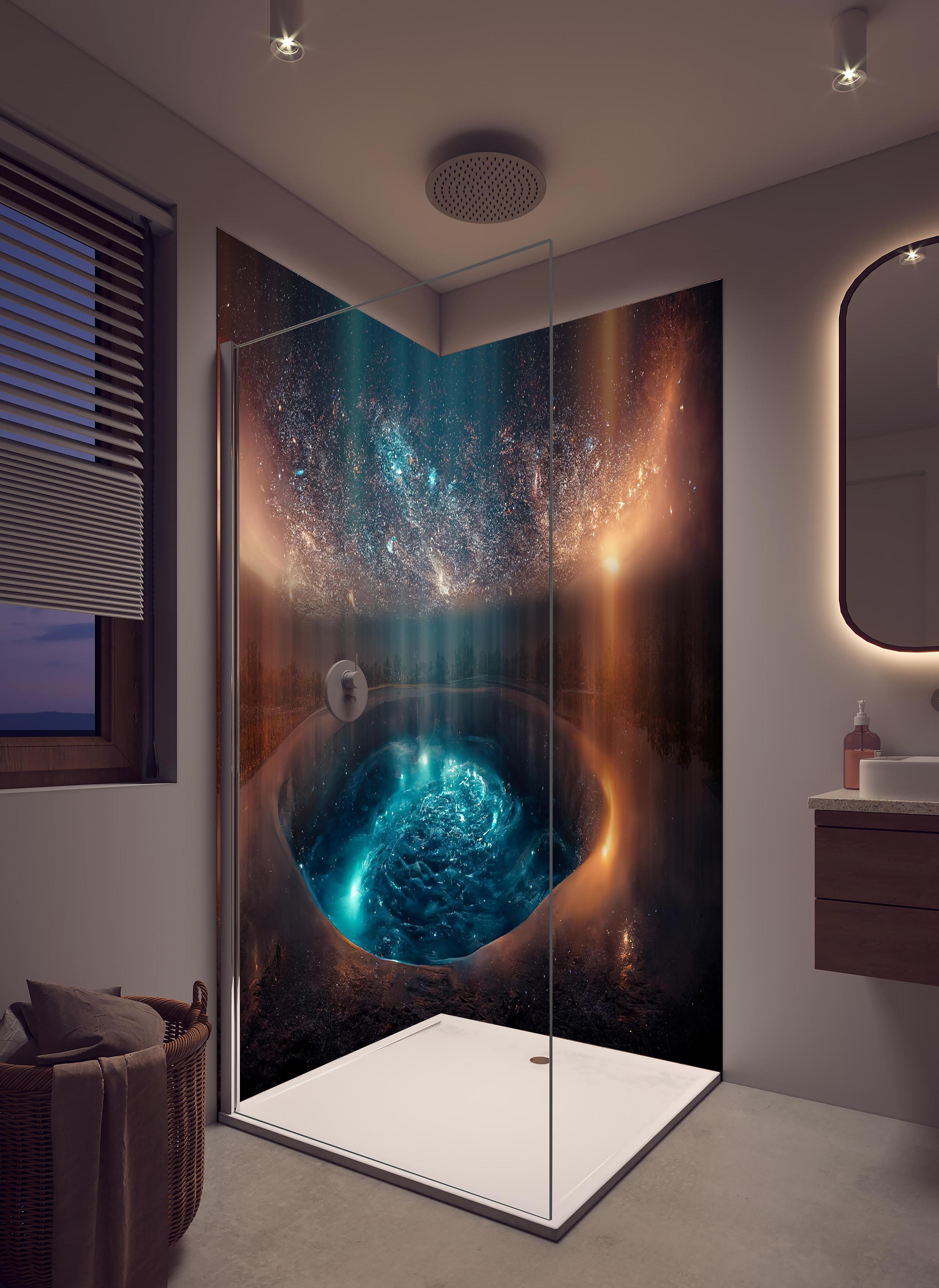 Duschrückwand - Fantasielandschaft - Nächtlicher Blick in hellem Badezimmer mit Regenduschkopf - zweiteilige Eck-Duschrückwand