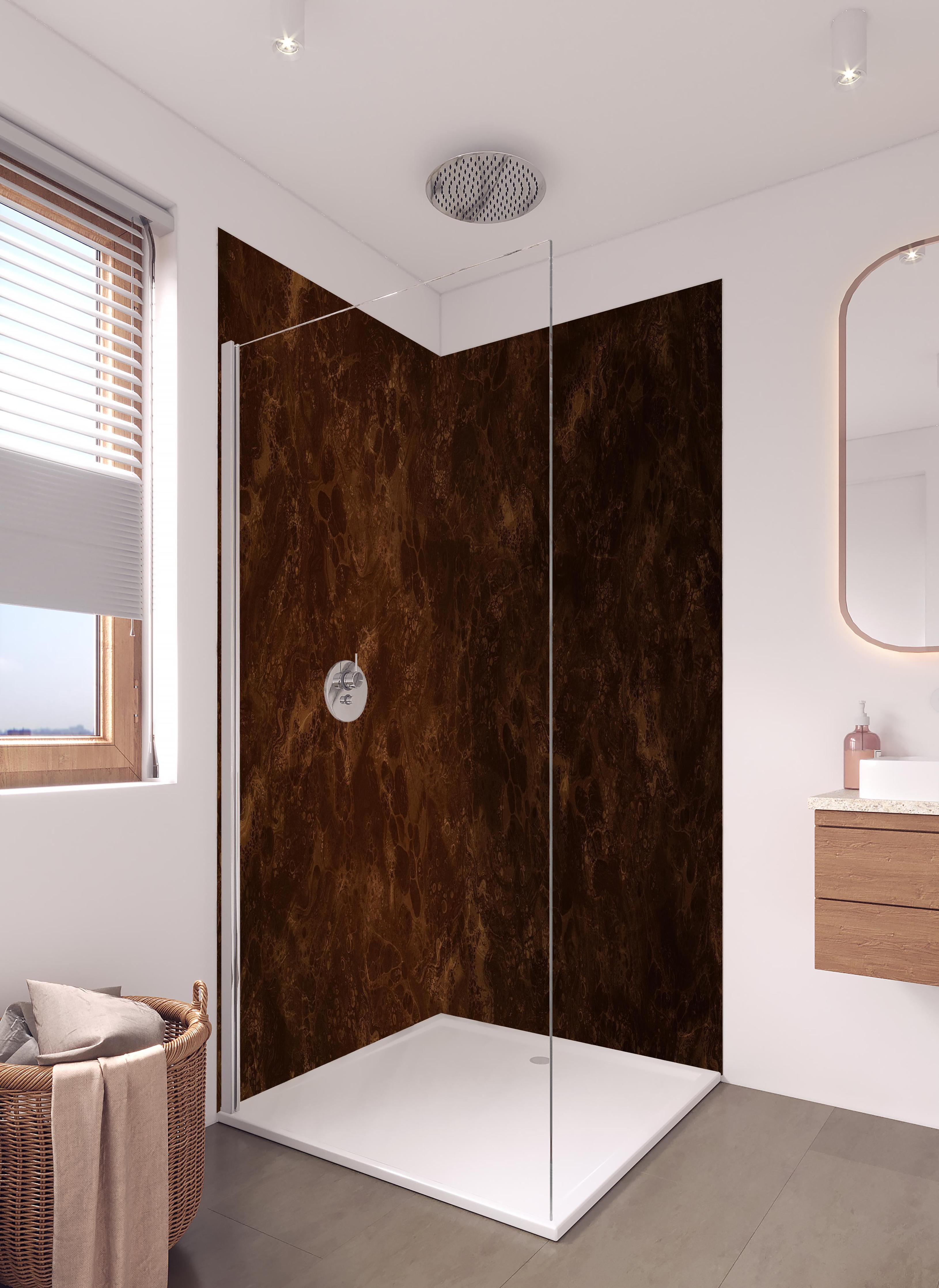 Duschrückwand - Fantasievolle Farbmischung in hellem Badezimmer mit Regenduschkopf - zweiteilige Eck-Duschrückwand