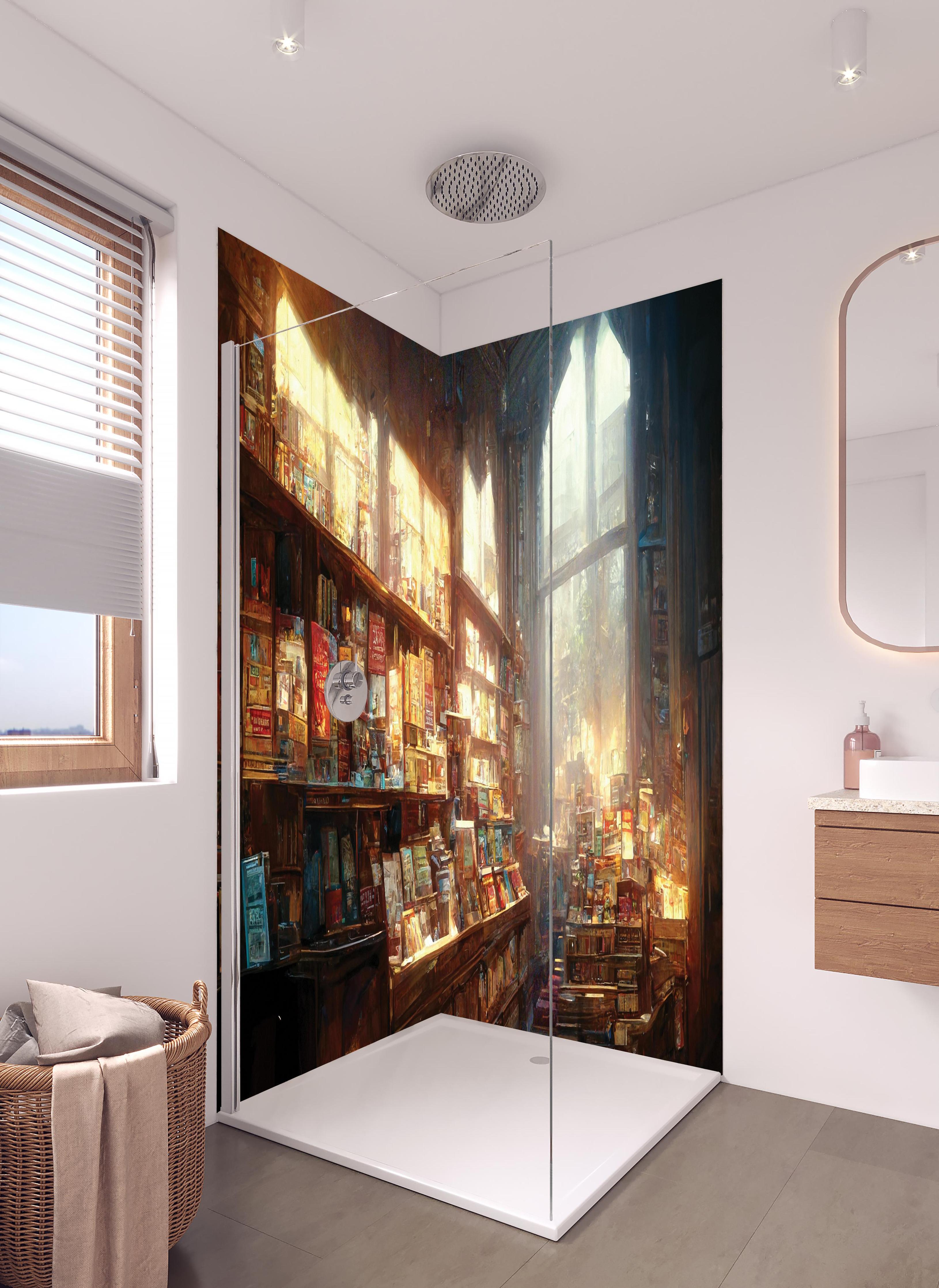 Duschrückwand - Fantasy-Buchhandlung in hellem Badezimmer mit Regenduschkopf - zweiteilige Eck-Duschrückwand