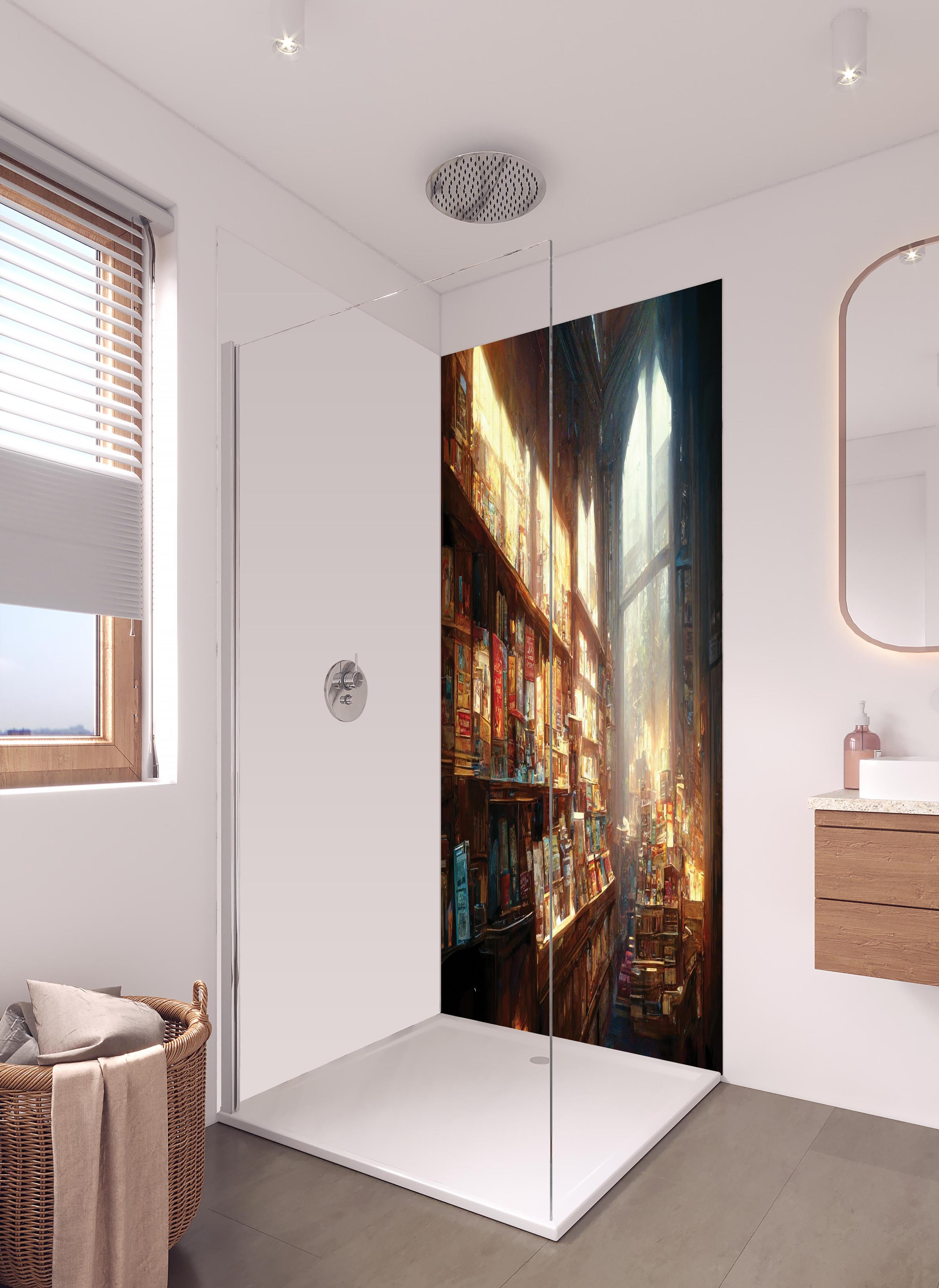 Duschrückwand - Fantasy-Buchhandlung in hellem Badezimmer mit Regenduschkopf - zweiteilige Eck-Duschrückwand
