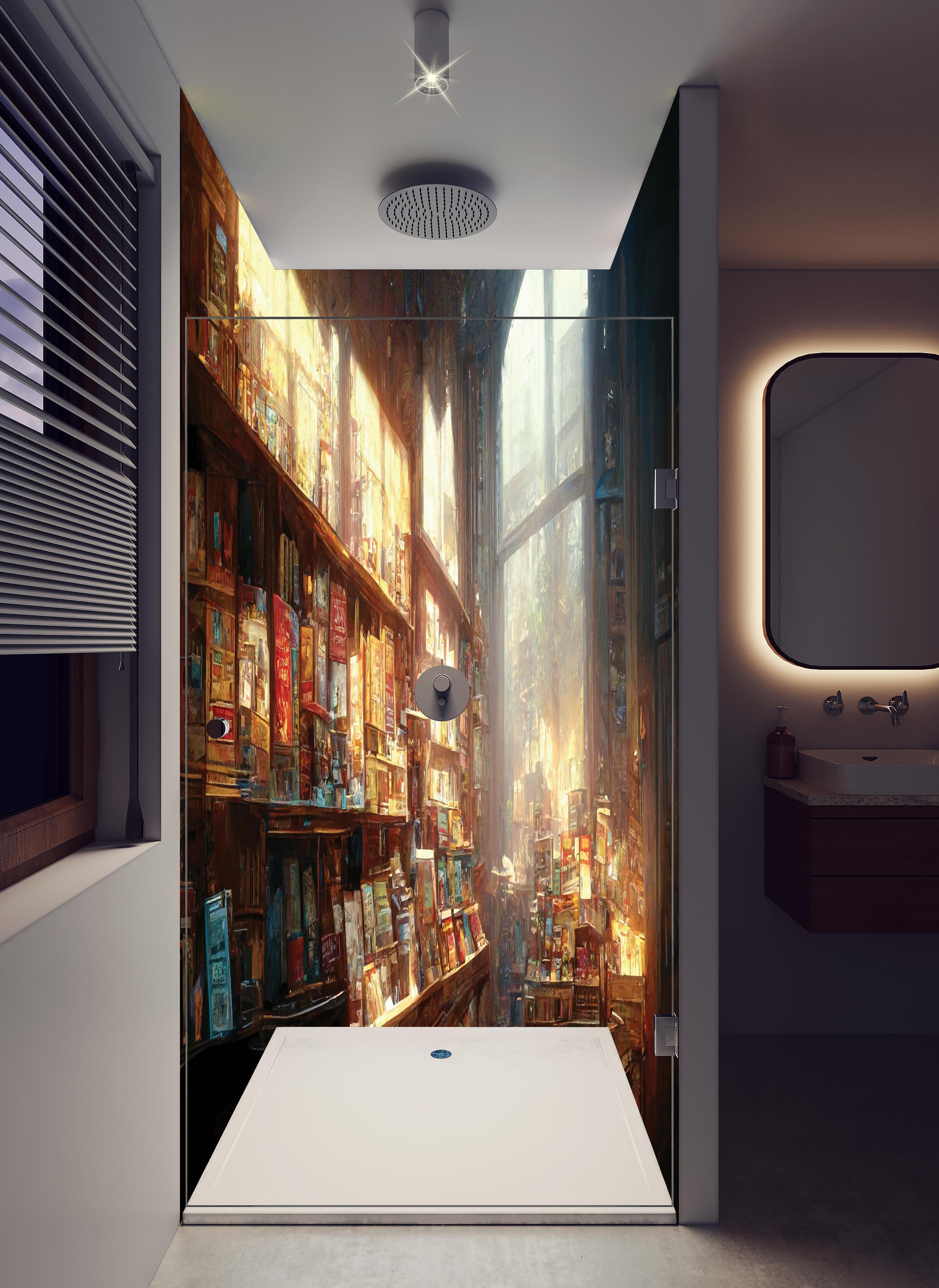 Duschrückwand - Fantasy-Buchhandlung in hellem Badezimmer mit Regenduschkopf - zweiteilige Eck-Duschrückwand