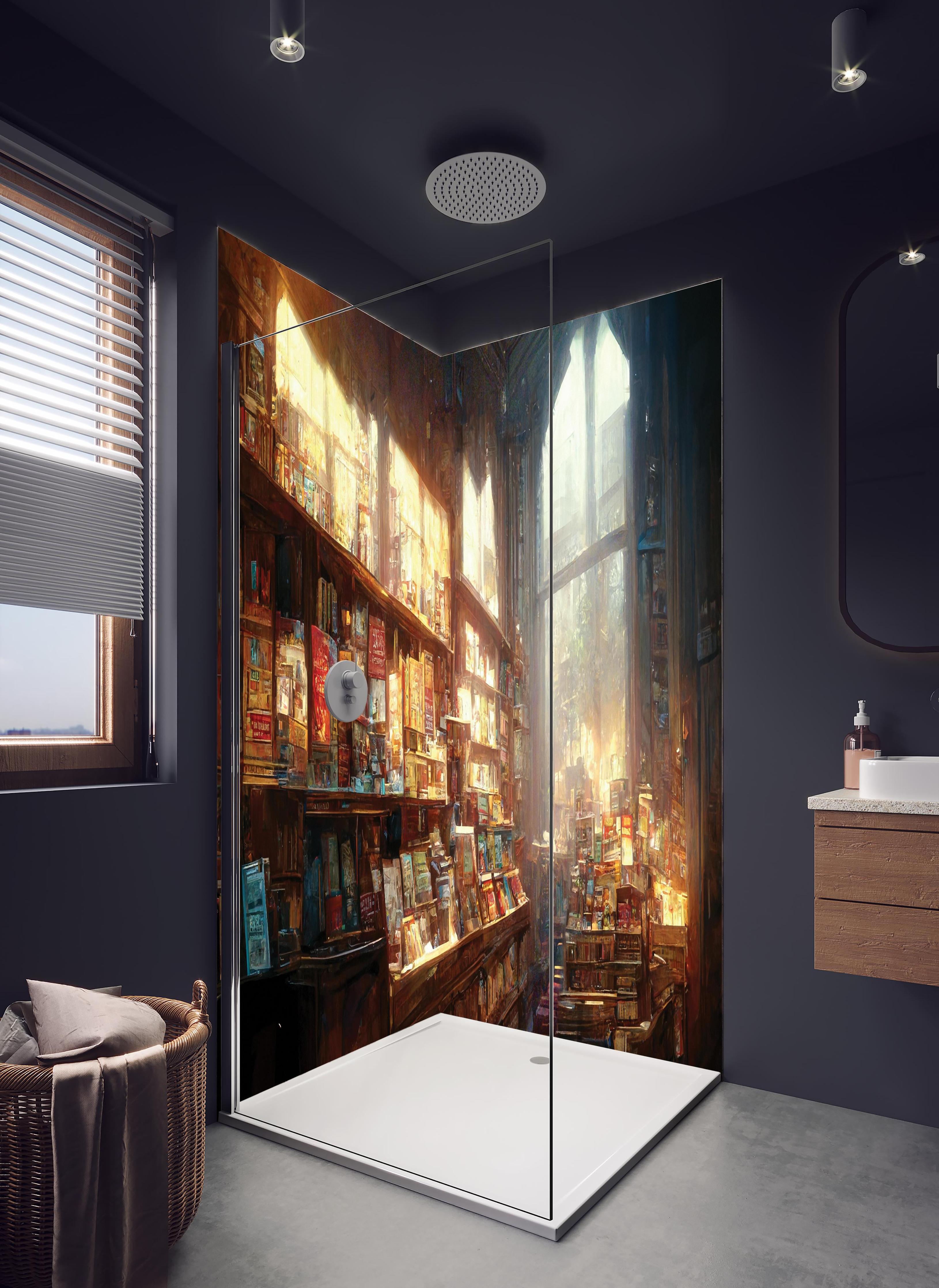Duschrückwand - Fantasy-Buchhandlung in hellem Badezimmer mit Regenduschkopf - zweiteilige Eck-Duschrückwand