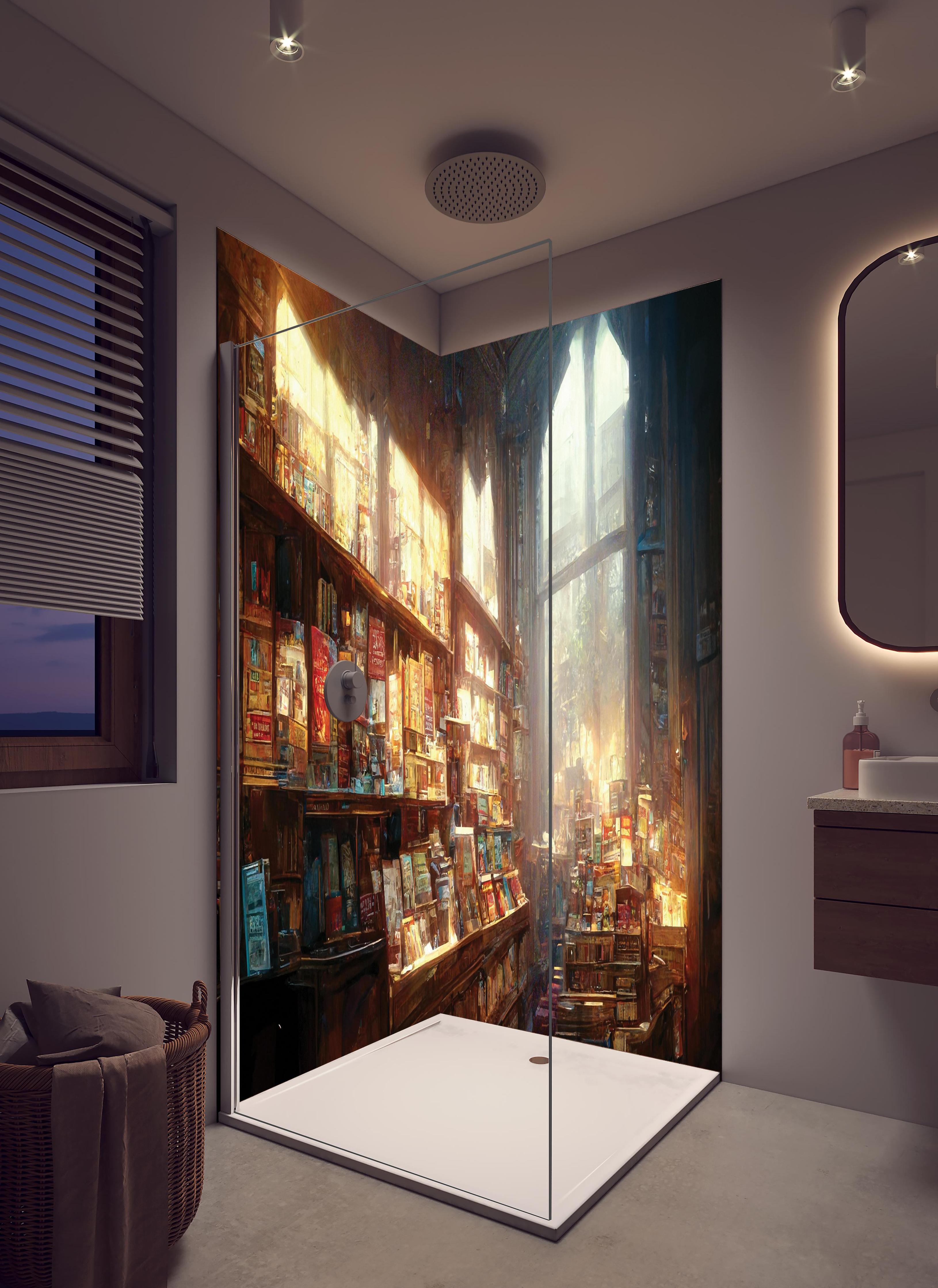 Duschrückwand - Fantasy-Buchhandlung in hellem Badezimmer mit Regenduschkopf - zweiteilige Eck-Duschrückwand