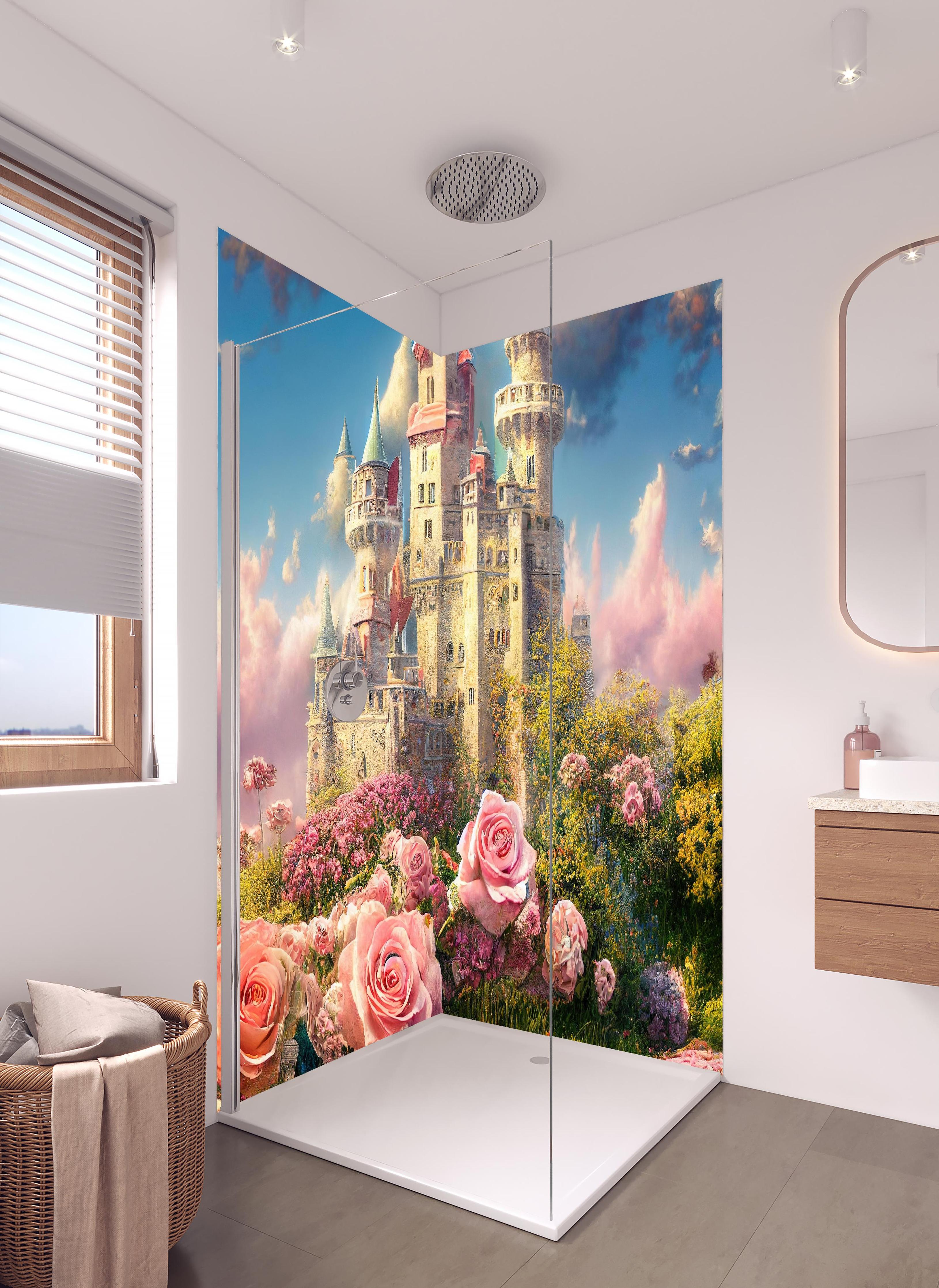 Duschrückwand - Fantasy Garten Schloss mit vielen Blumen in hellem Badezimmer mit Regenduschkopf - zweiteilige Eck-Duschrückwand