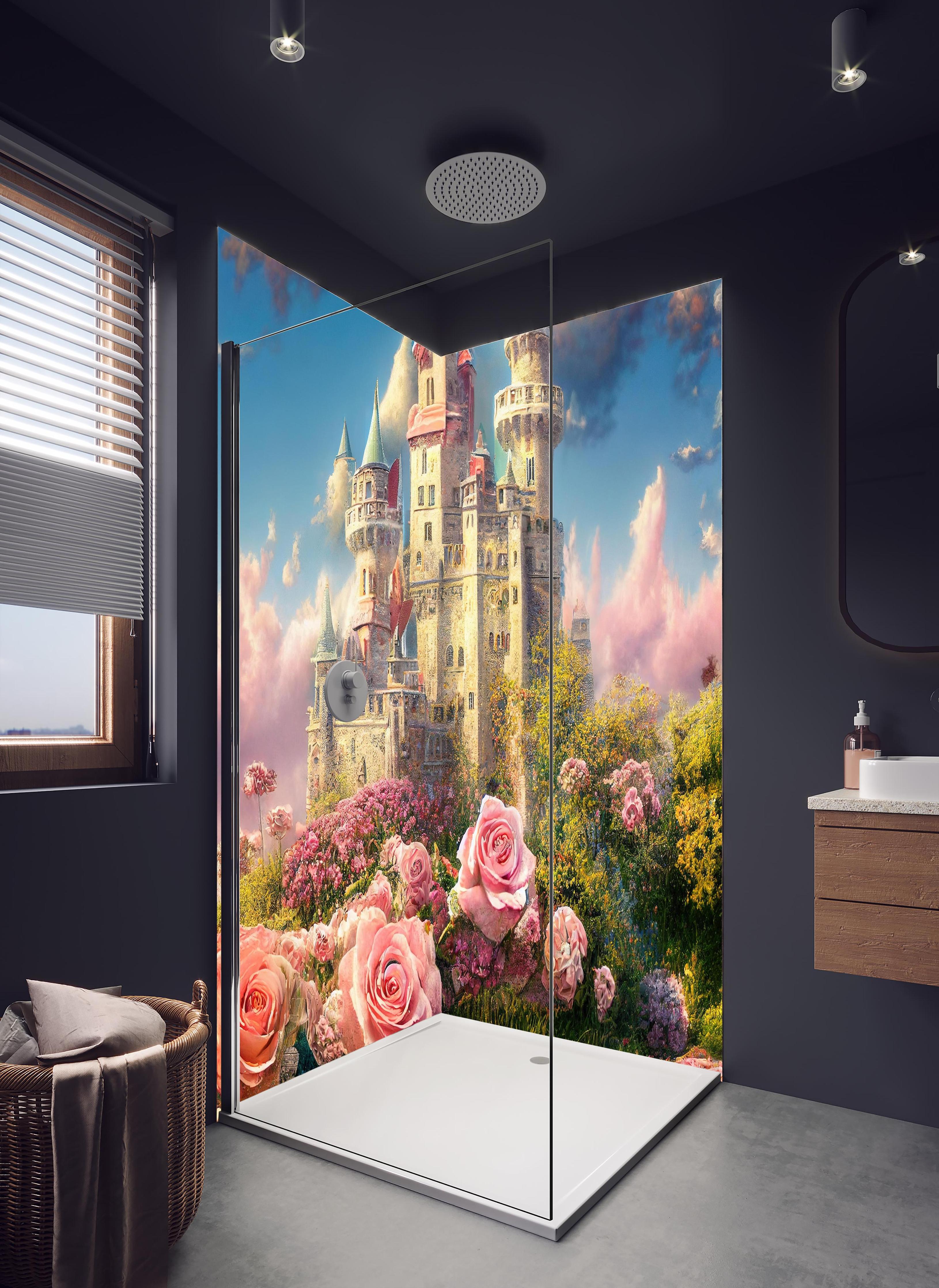 Duschrückwand - Fantasy Garten Schloss mit vielen Blumen in hellem Badezimmer mit Regenduschkopf - zweiteilige Eck-Duschrückwand