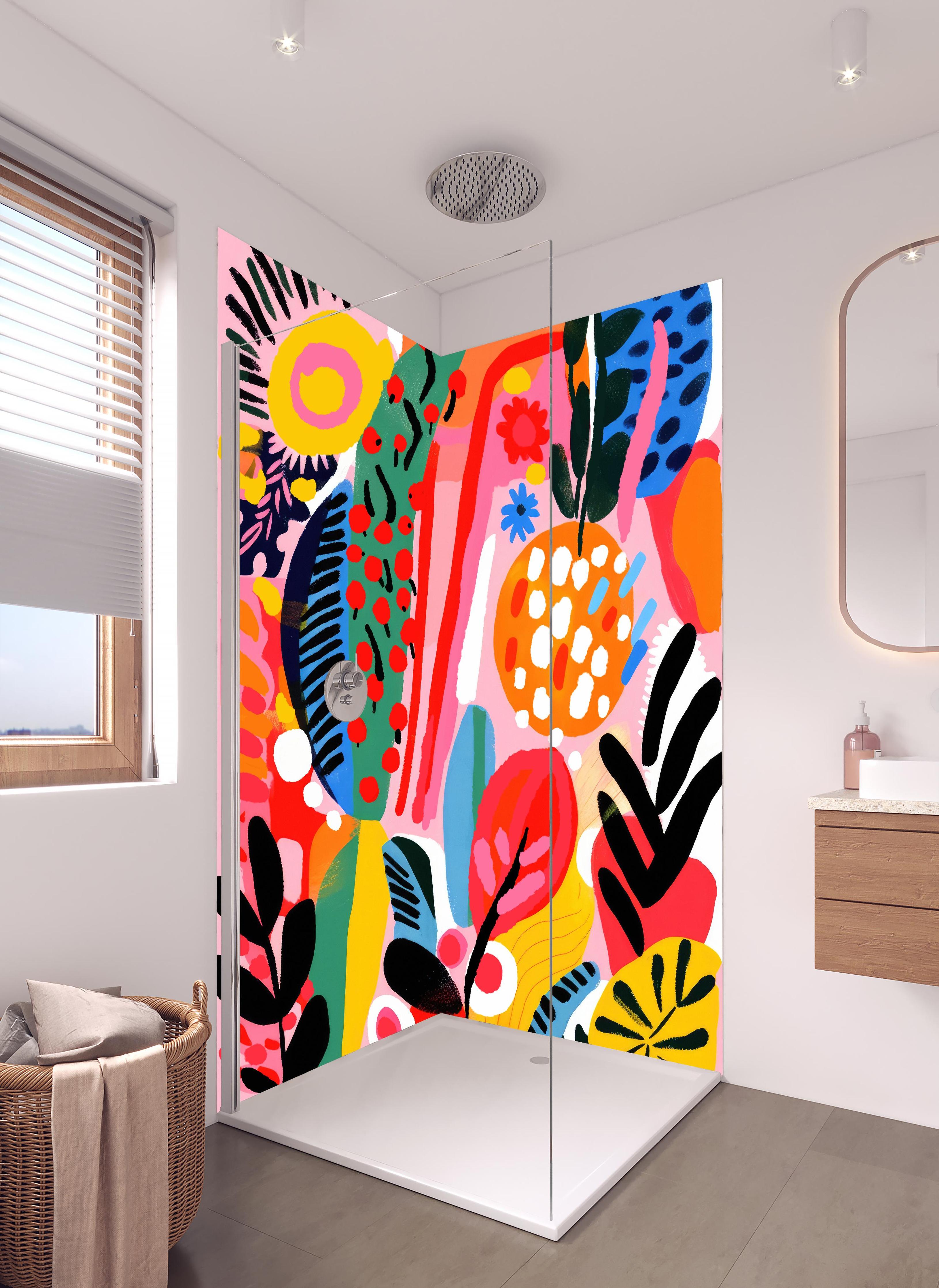 Duschrückwand - Farbenfrohe Abstrakte Blumen und Früchte in hellem Badezimmer mit Regenduschkopf - zweiteilige Eck-Duschrückwand