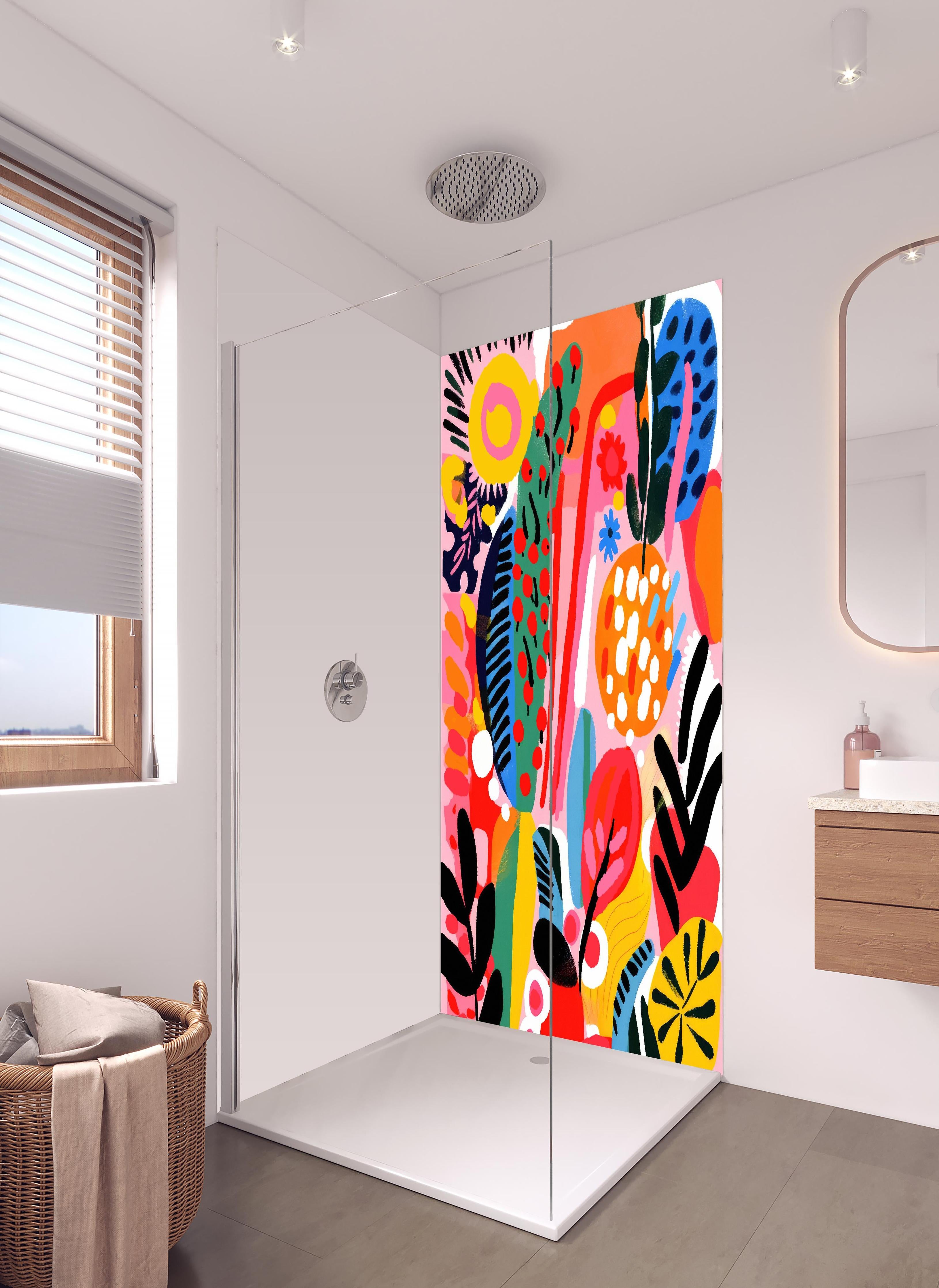 Duschrückwand - Farbenfrohe Abstrakte Blumen und Früchte in hellem Badezimmer mit Regenduschkopf - zweiteilige Eck-Duschrückwand