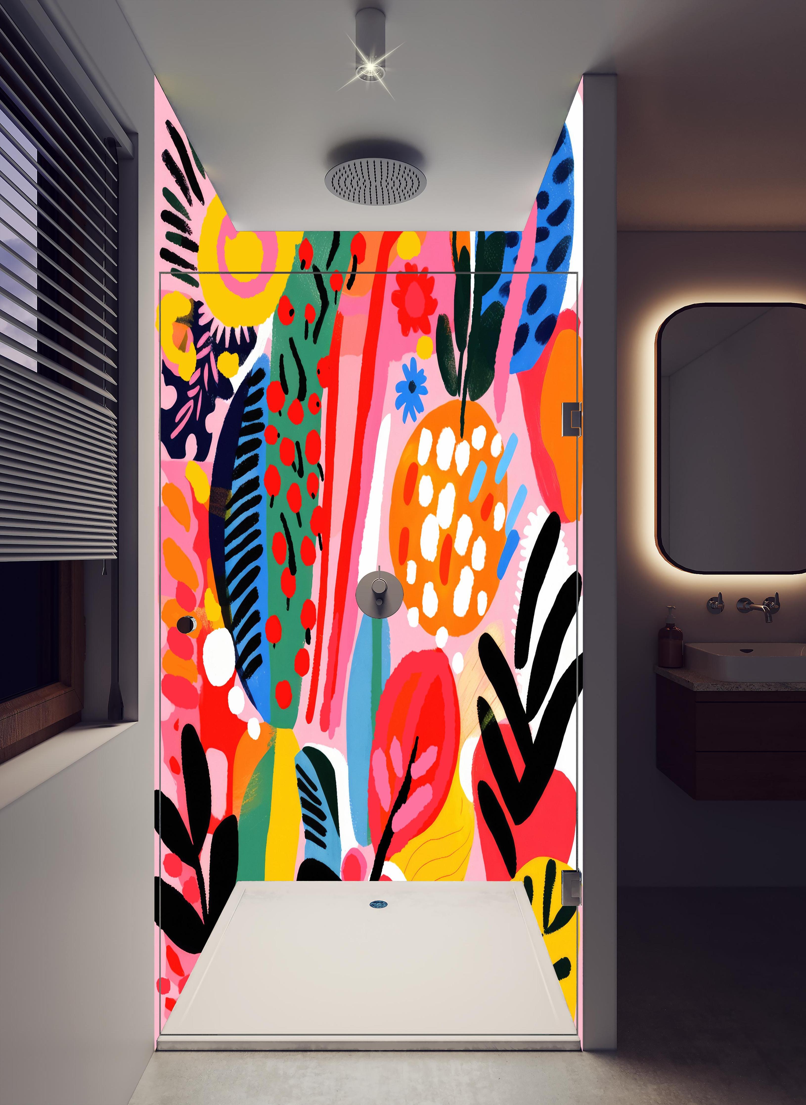 Duschrückwand - Farbenfrohe Abstrakte Blumen und Früchte in hellem Badezimmer mit Regenduschkopf - zweiteilige Eck-Duschrückwand