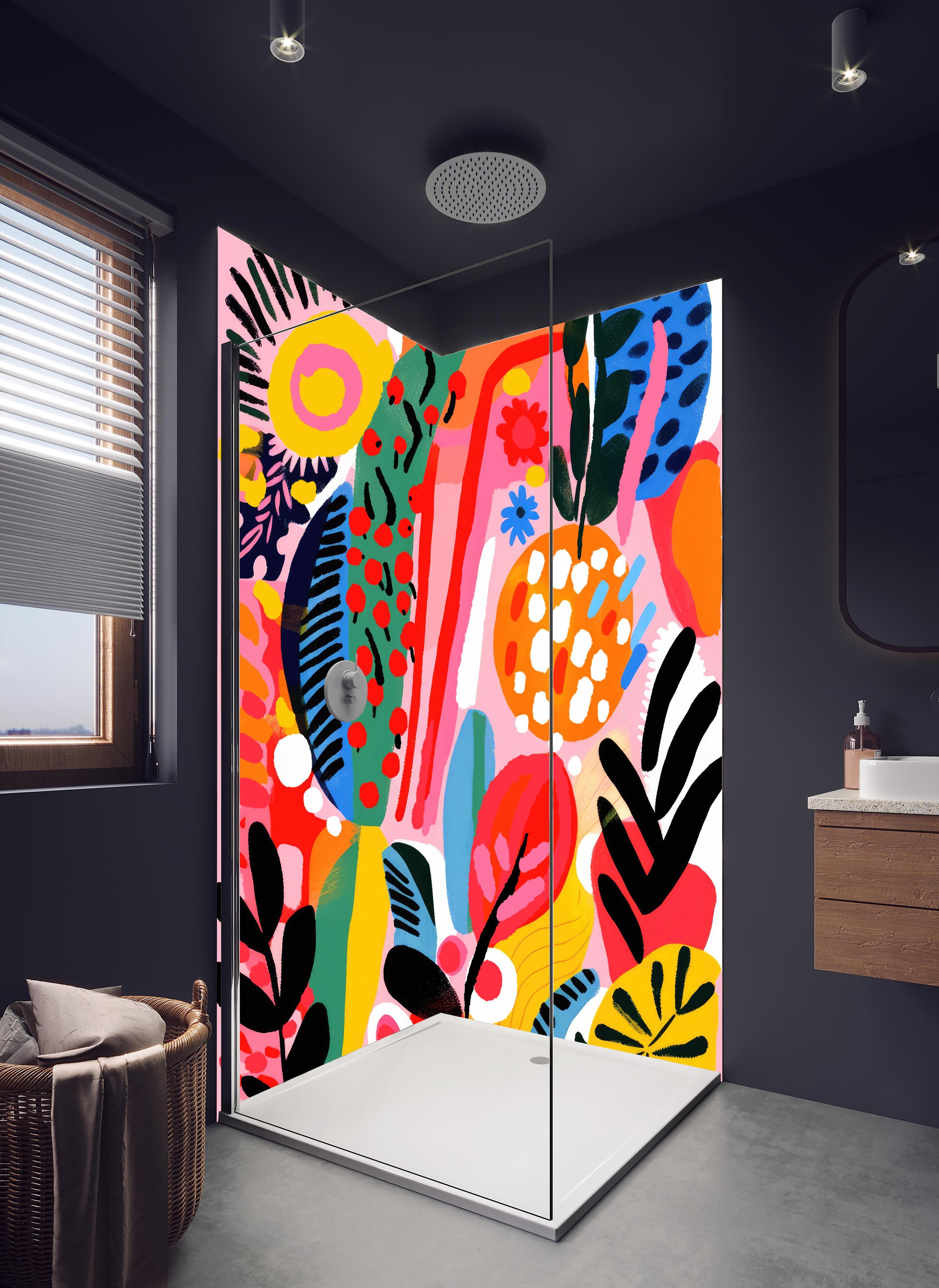 Duschrückwand - Farbenfrohe Abstrakte Blumen und Früchte in hellem Badezimmer mit Regenduschkopf - zweiteilige Eck-Duschrückwand