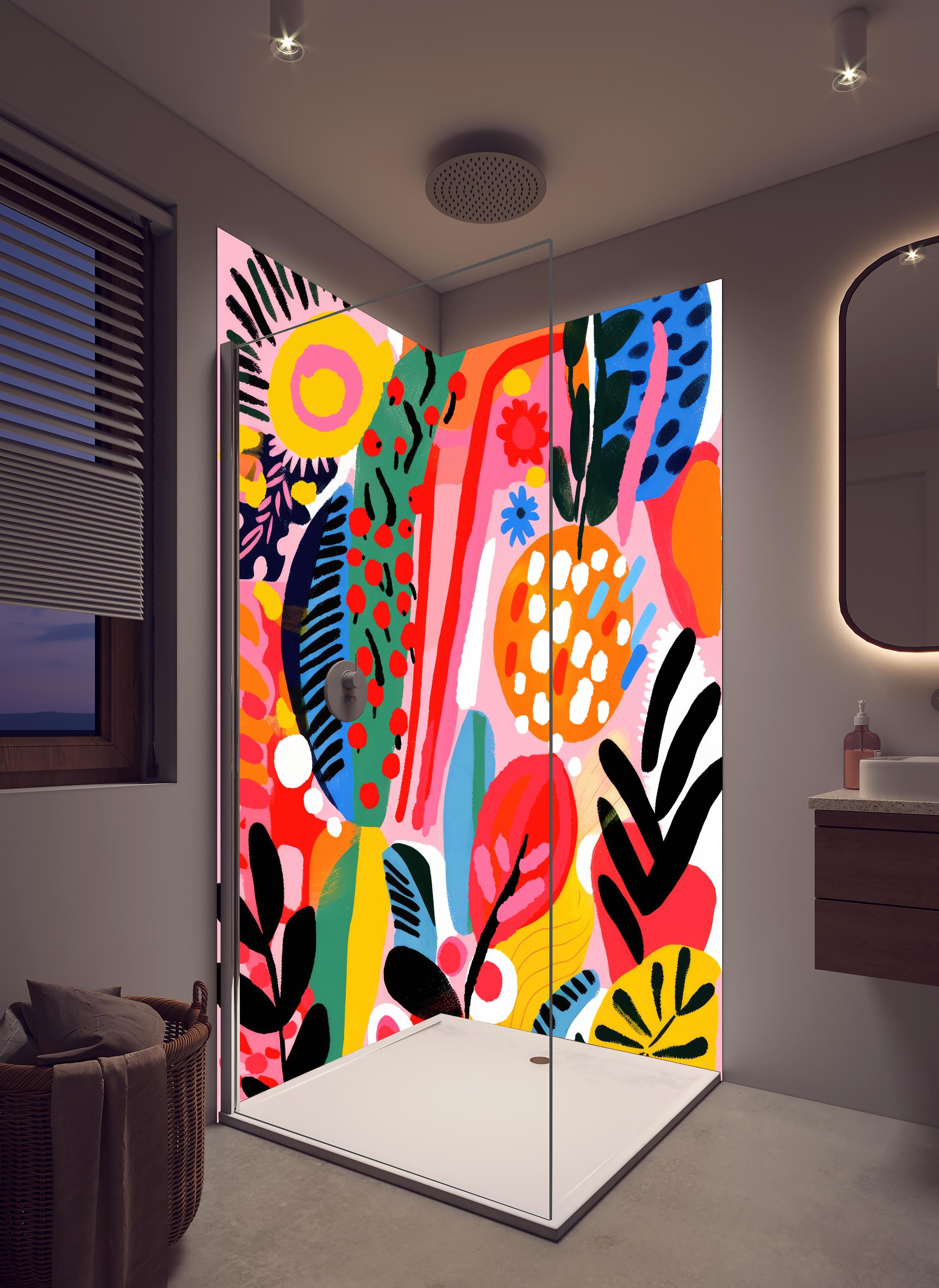 Duschrückwand - Farbenfrohe Abstrakte Blumen und Früchte in hellem Badezimmer mit Regenduschkopf - zweiteilige Eck-Duschrückwand