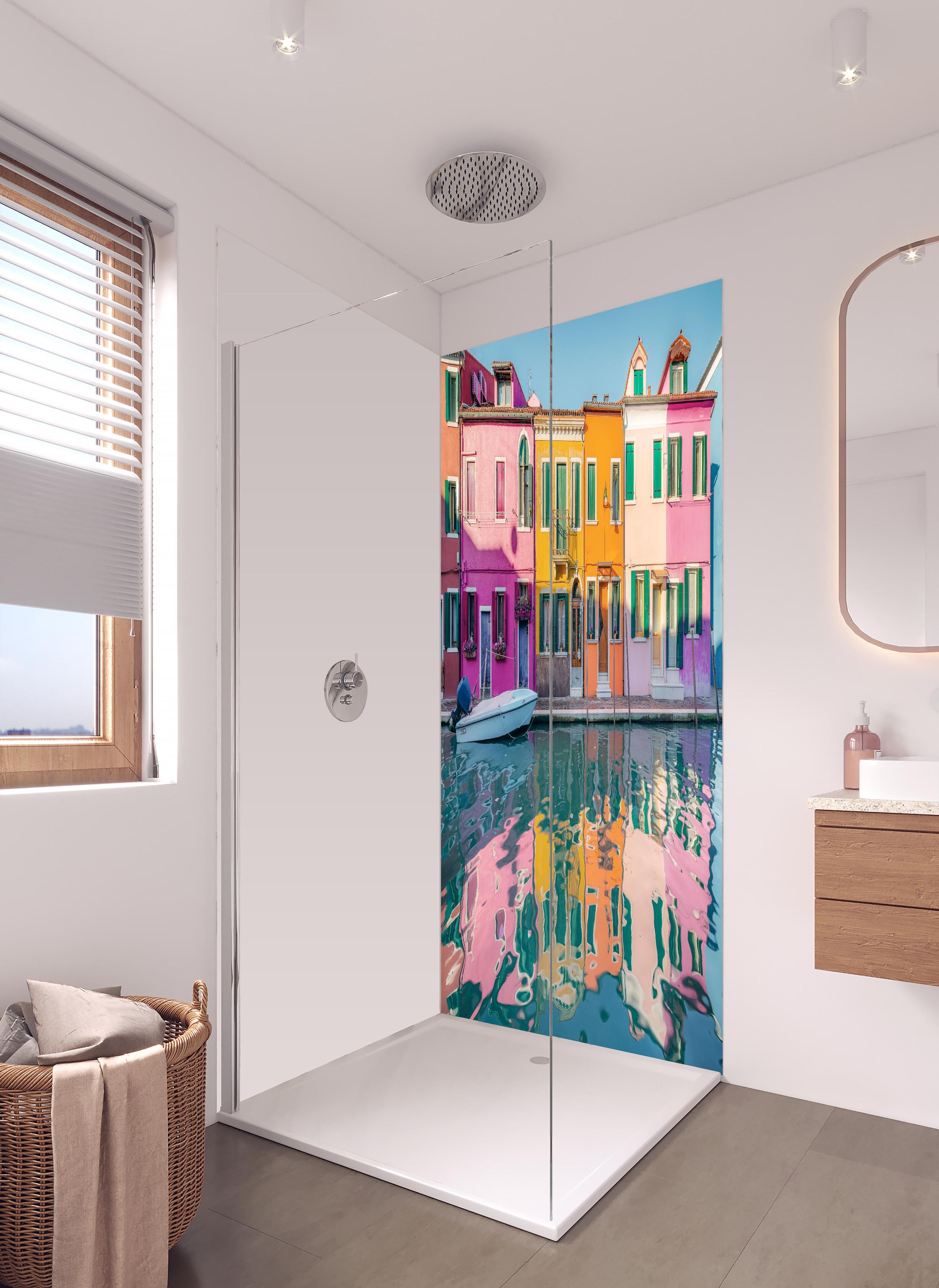 Duschrückwand - Farbenfrohe Häuser am Burano Kanal, Italien in hellem Badezimmer mit Regenduschkopf - zweiteilige Eck-Duschrückwand