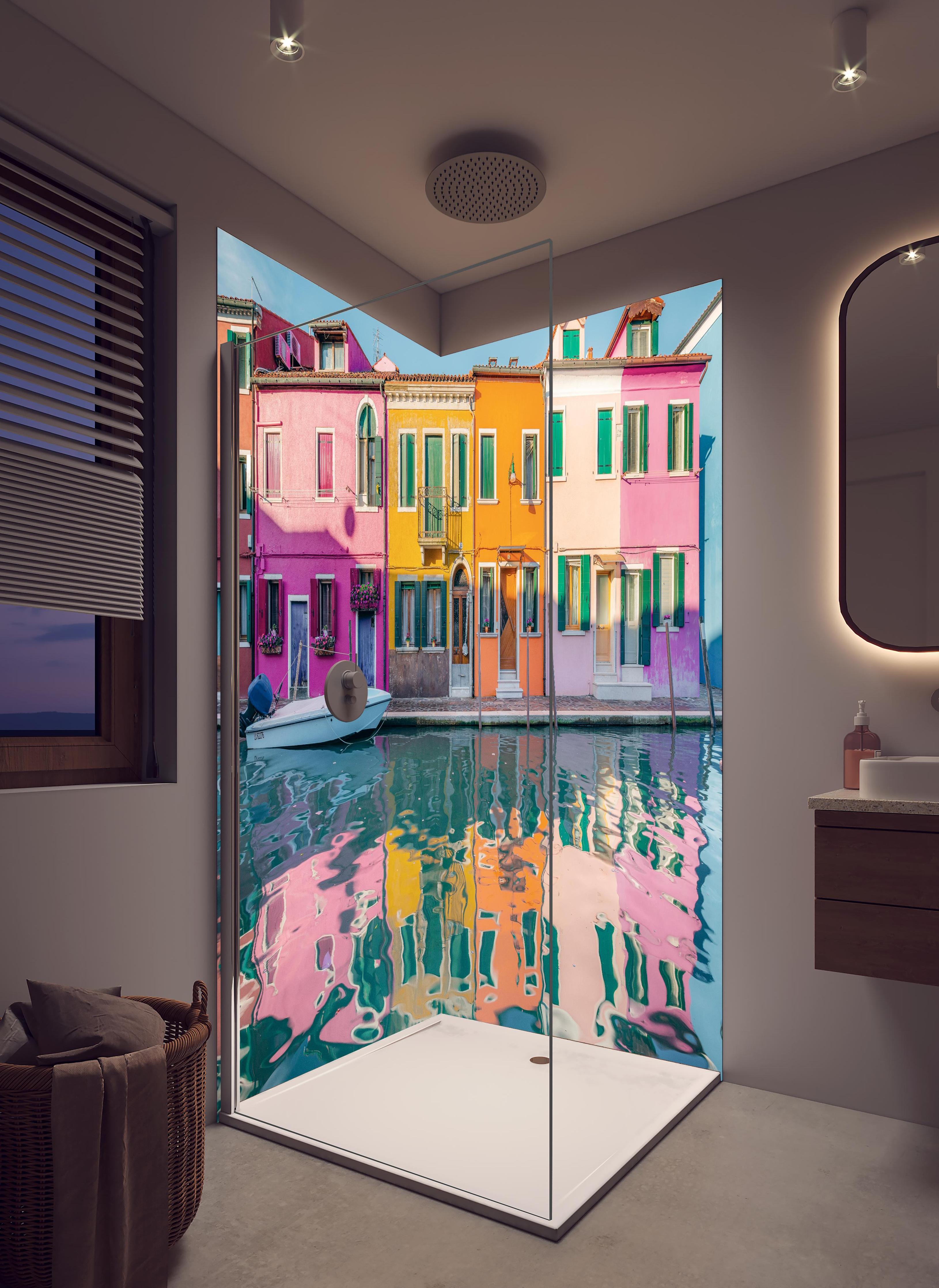 Duschrückwand - Farbenfrohe Häuser am Burano Kanal, Italien in hellem Badezimmer mit Regenduschkopf - zweiteilige Eck-Duschrückwand