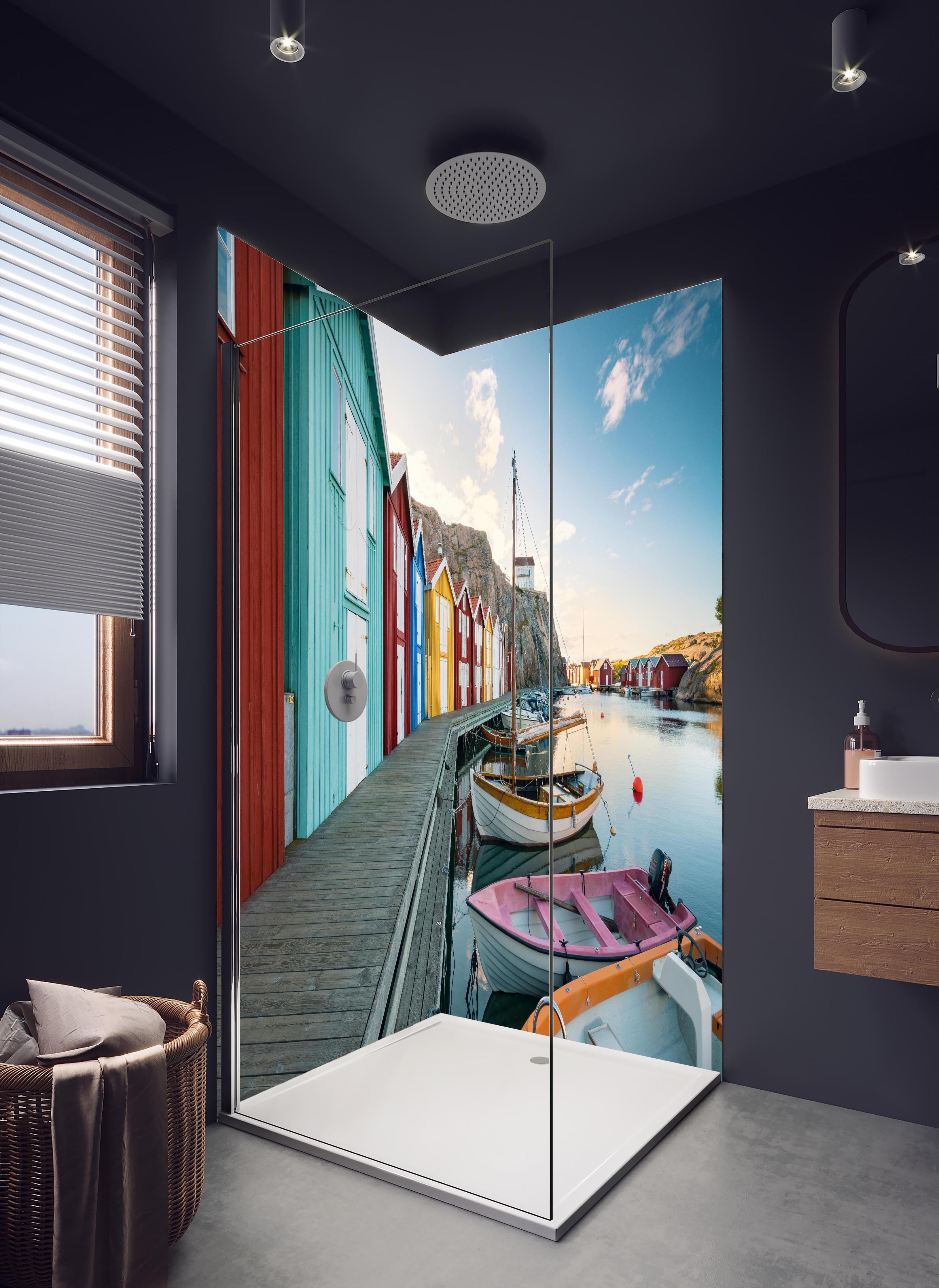 Duschrückwand - Farbenfrohe Hütten an Schwedens Küstenlinie in hellem Badezimmer mit Regenduschkopf - zweiteilige Eck-Duschrückwand