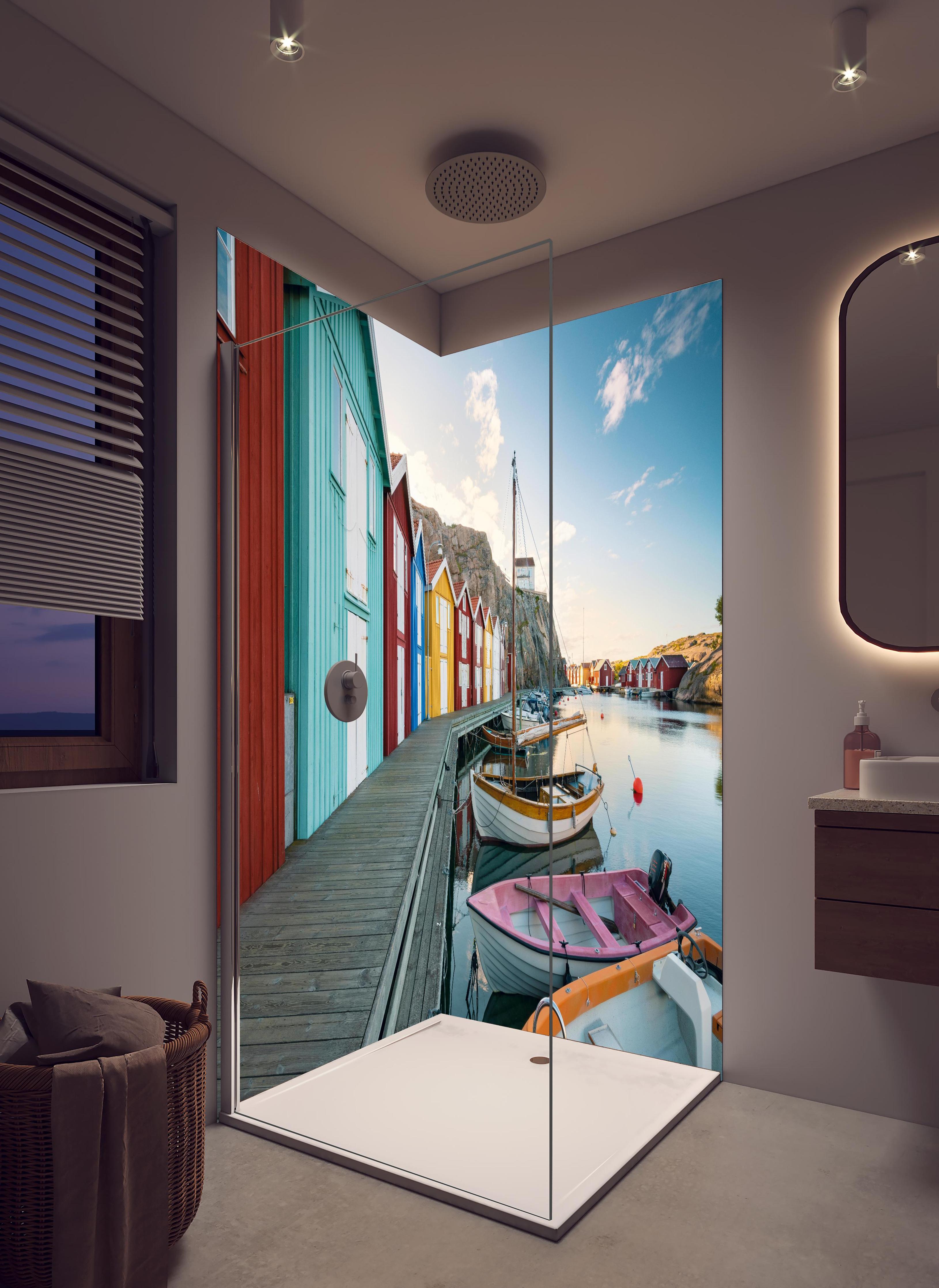 Duschrückwand - Farbenfrohe Hütten an Schwedens Küstenlinie in hellem Badezimmer mit Regenduschkopf - zweiteilige Eck-Duschrückwand