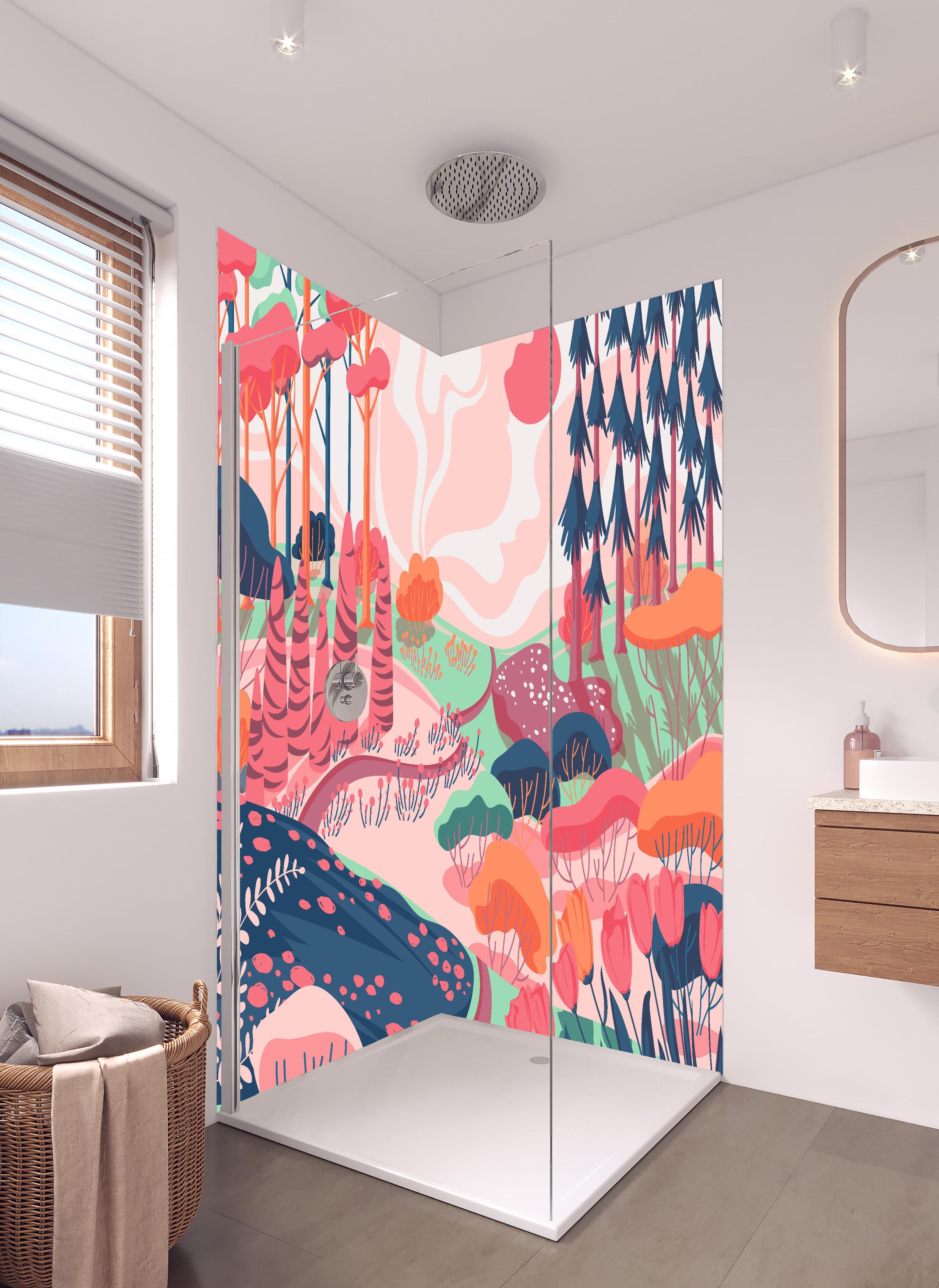 Duschrückwand - Farbenfrohe Illustration einer Waldlandschaft in hellem Badezimmer mit Regenduschkopf - zweiteilige Eck-Duschrückwand