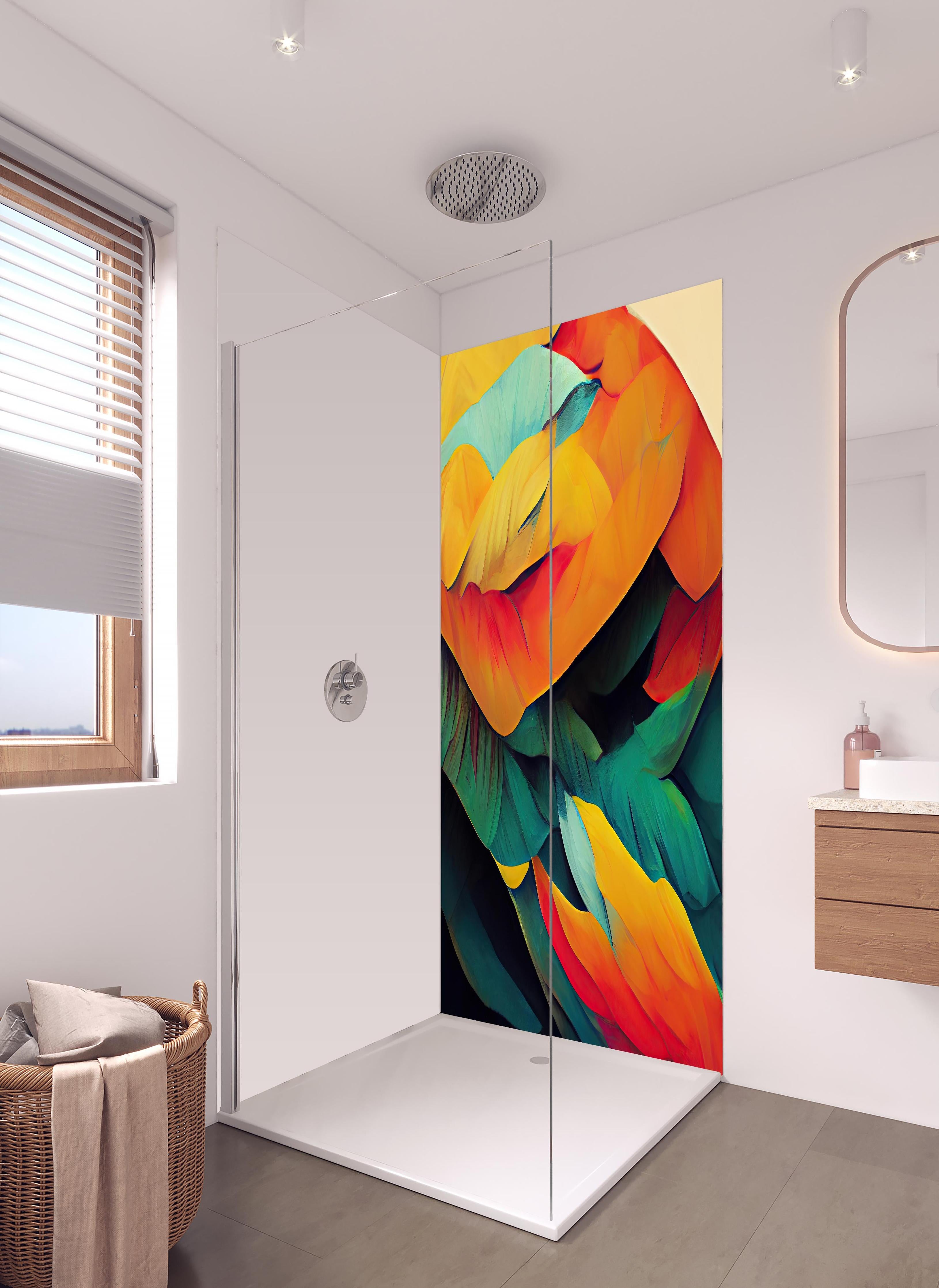 Duschrückwand - Farbenfrohe Neon Federstruktur Abstrakt in hellem Badezimmer mit Regenduschkopf - zweiteilige Eck-Duschrückwand