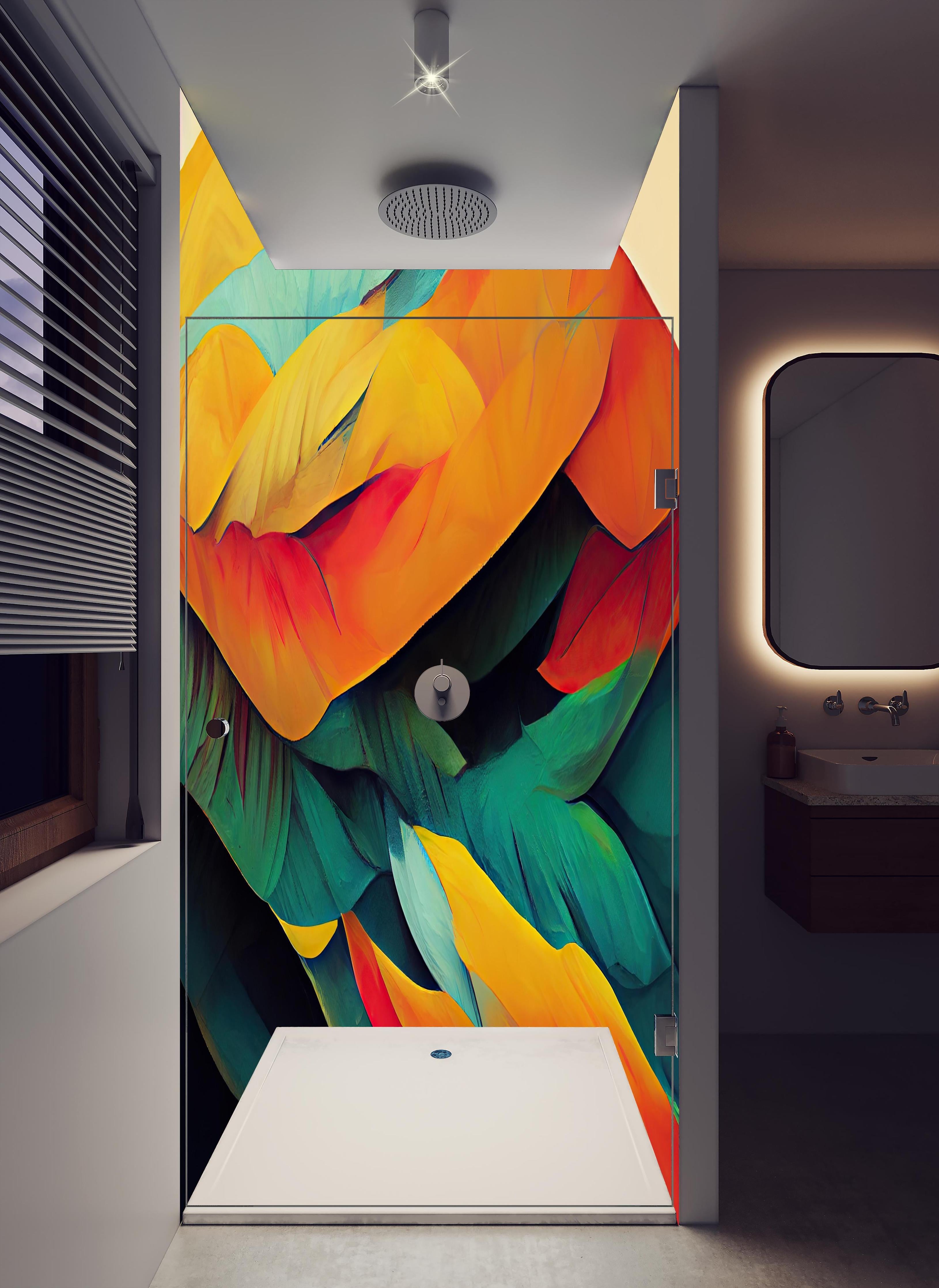 Duschrückwand - Farbenfrohe Neon Federstruktur Abstrakt in hellem Badezimmer mit Regenduschkopf - zweiteilige Eck-Duschrückwand