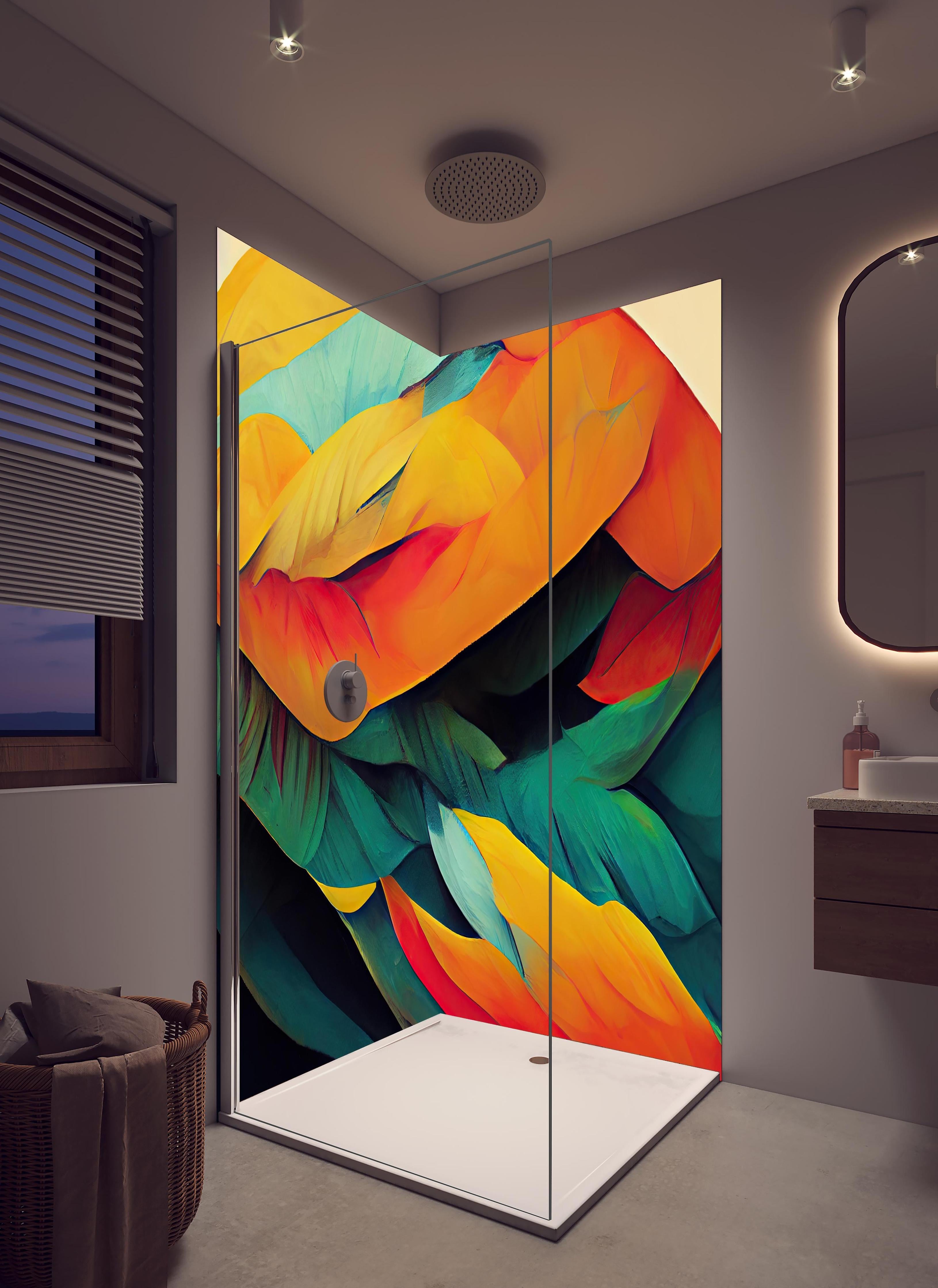 Duschrückwand - Farbenfrohe Neon Federstruktur Abstrakt in hellem Badezimmer mit Regenduschkopf - zweiteilige Eck-Duschrückwand