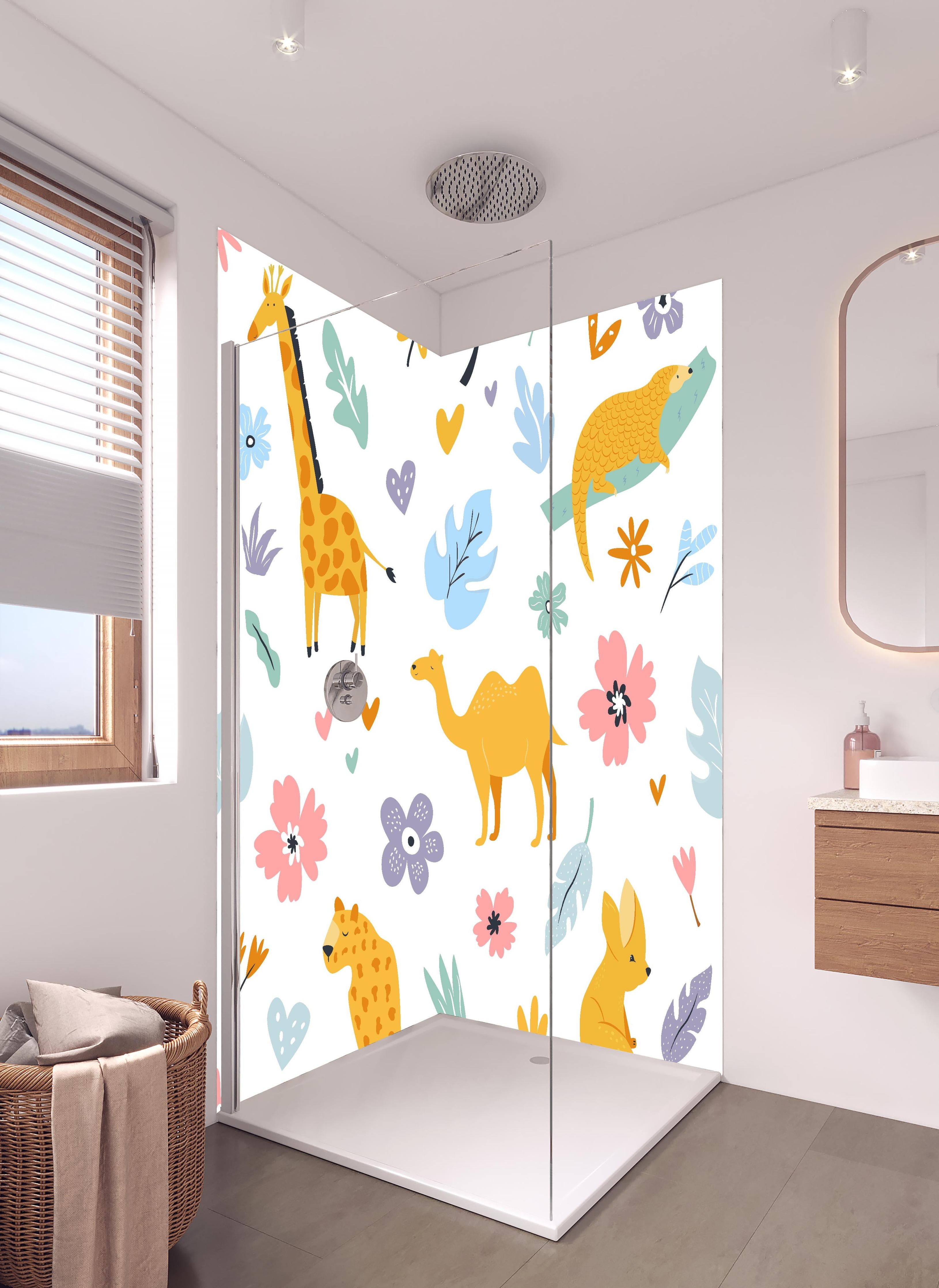 Duschrückwand - Farbenfrohe Tierillustrationen für Kinderzimmer in hellem Badezimmer mit Regenduschkopf - zweiteilige Eck-Duschrückwand