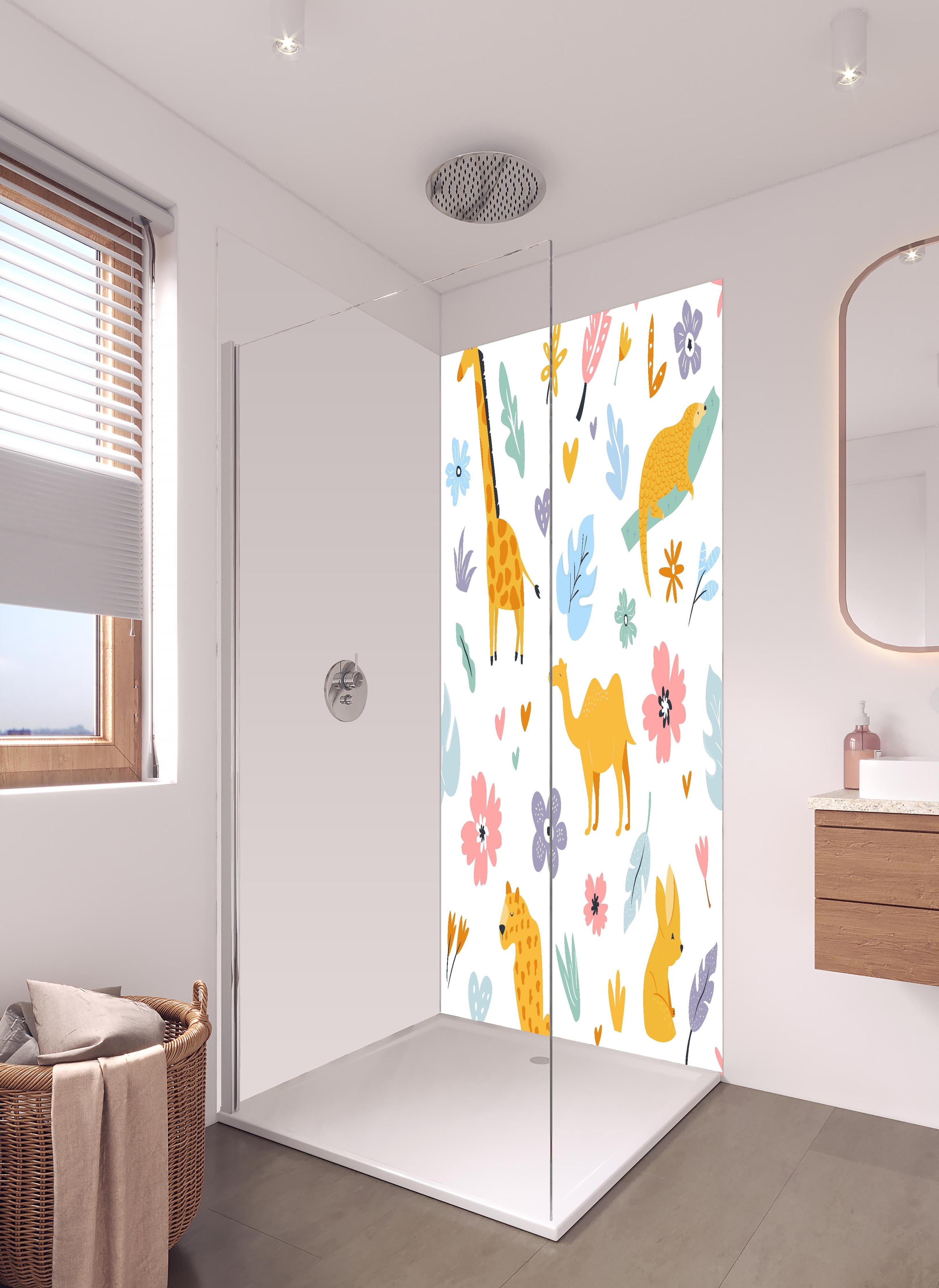 Duschrückwand - Farbenfrohe Tierillustrationen für Kinderzimmer in hellem Badezimmer mit Regenduschkopf - zweiteilige Eck-Duschrückwand