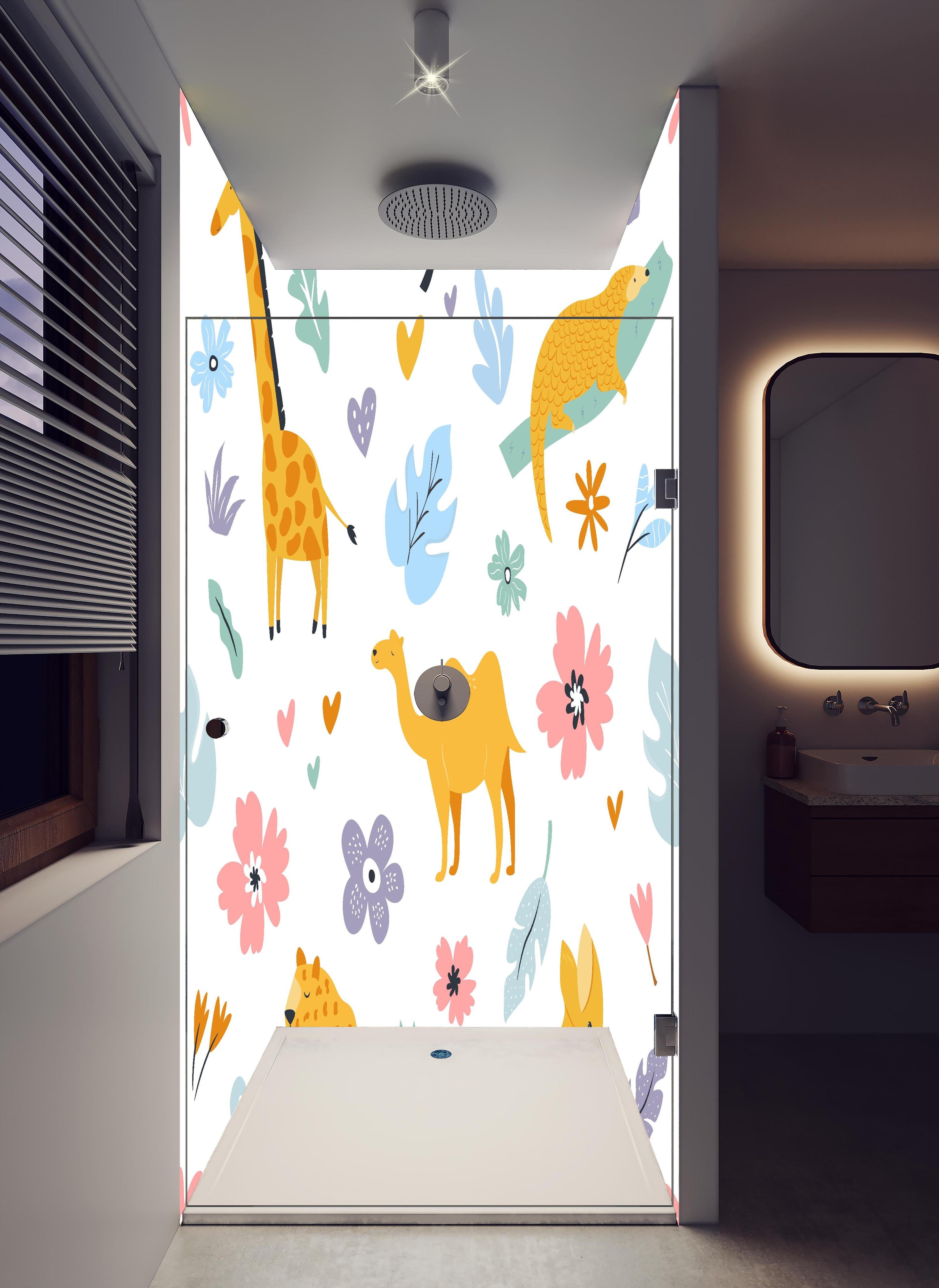 Duschrückwand - Farbenfrohe Tierillustrationen für Kinderzimmer in hellem Badezimmer mit Regenduschkopf - zweiteilige Eck-Duschrückwand