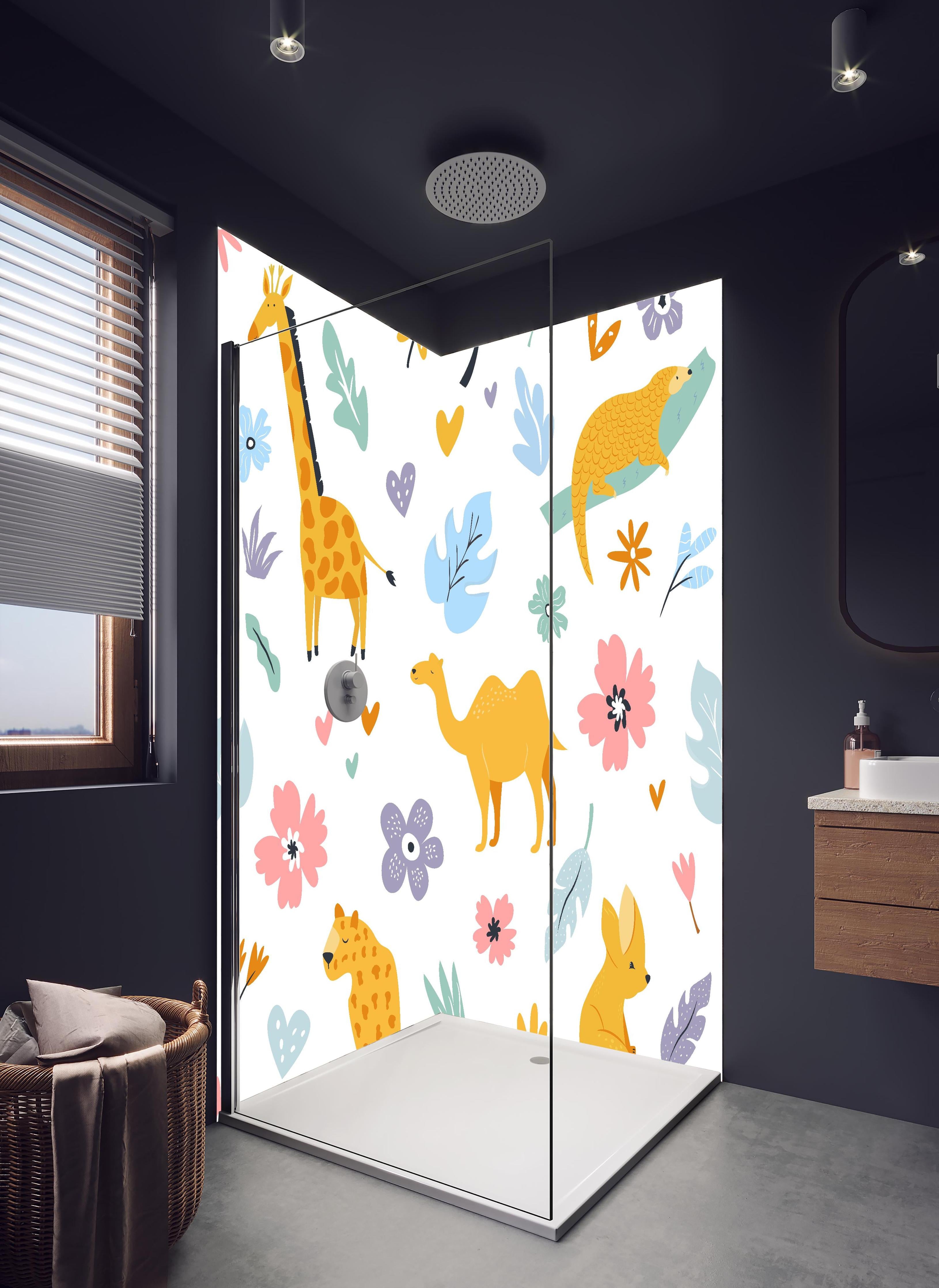 Duschrückwand - Farbenfrohe Tierillustrationen für Kinderzimmer in hellem Badezimmer mit Regenduschkopf - zweiteilige Eck-Duschrückwand