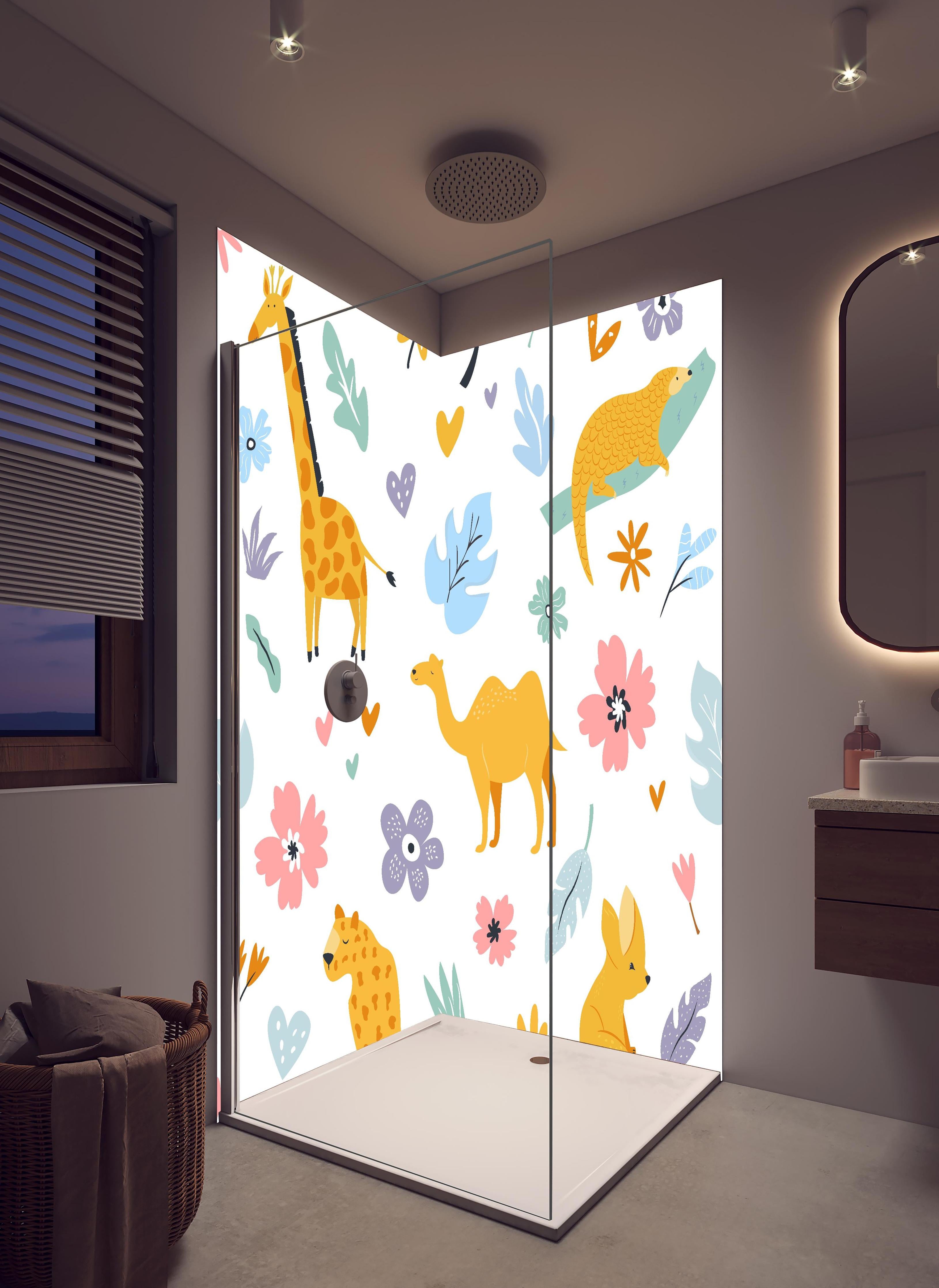 Duschrückwand - Farbenfrohe Tierillustrationen für Kinderzimmer in hellem Badezimmer mit Regenduschkopf - zweiteilige Eck-Duschrückwand