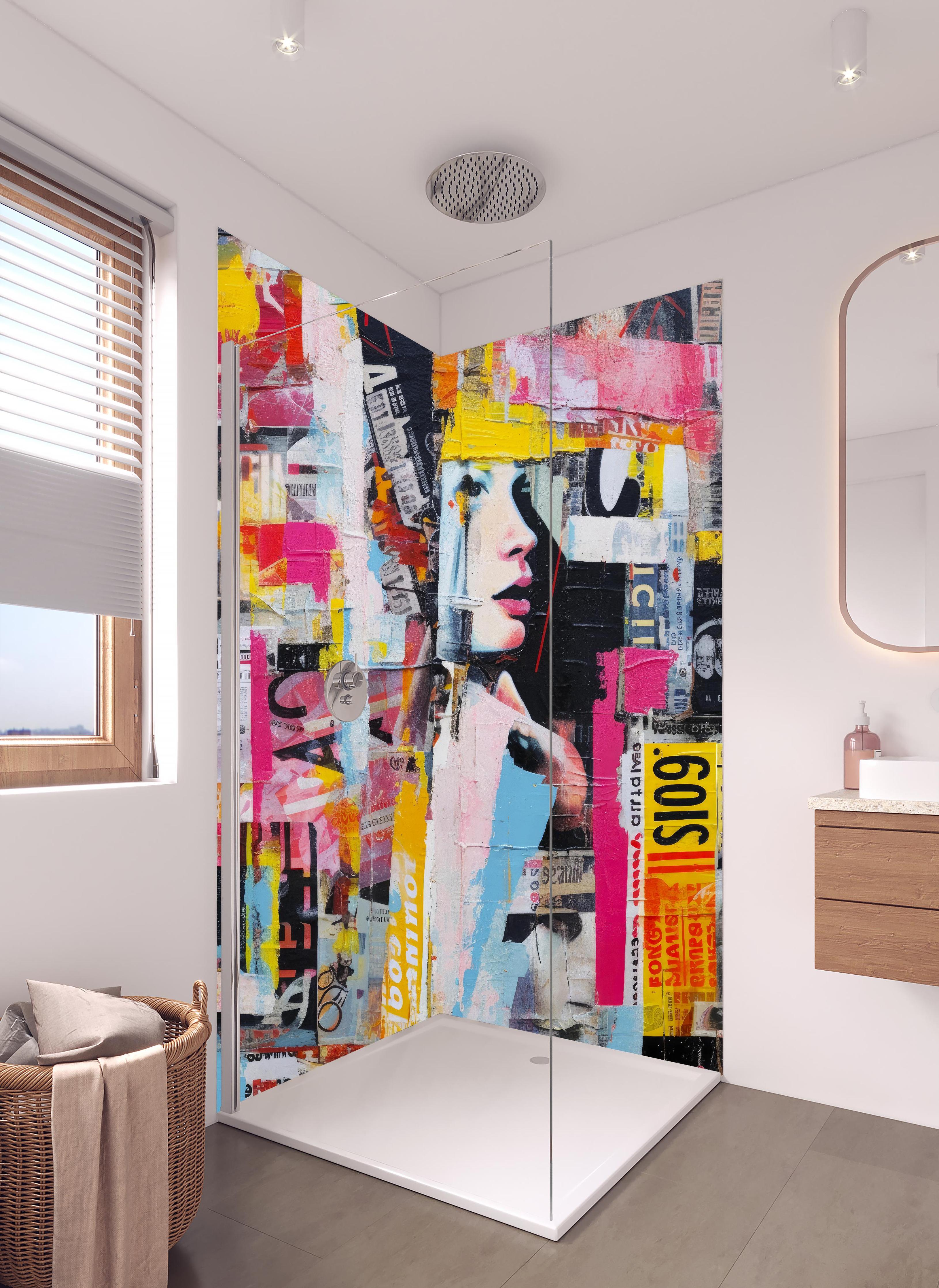 Duschrückwand - Farbenfrohe Urban-Art Frauencollage in hellem Badezimmer mit Regenduschkopf - zweiteilige Eck-Duschrückwand