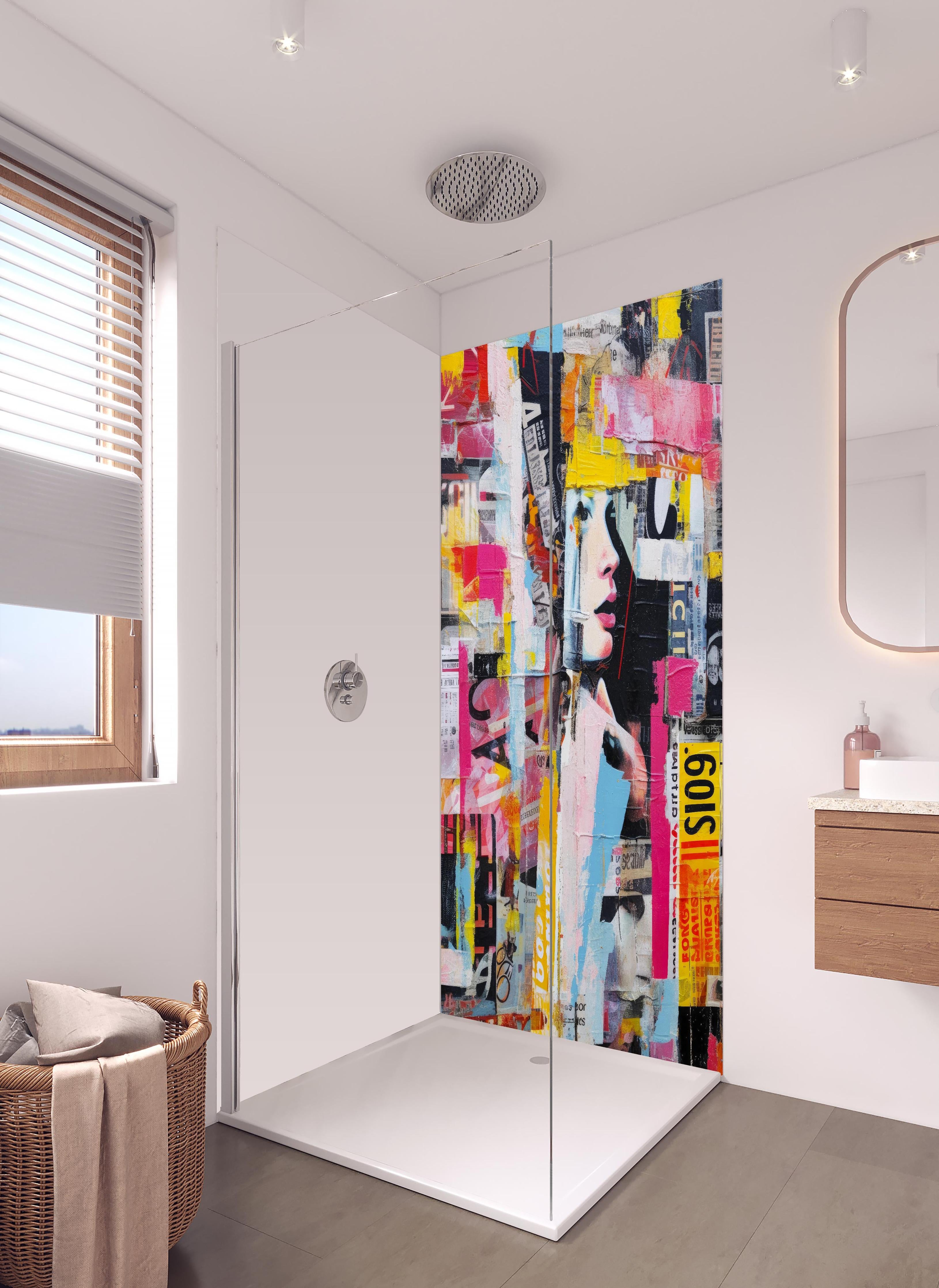 Duschrückwand - Farbenfrohe Urban-Art Frauencollage in hellem Badezimmer mit Regenduschkopf - zweiteilige Eck-Duschrückwand