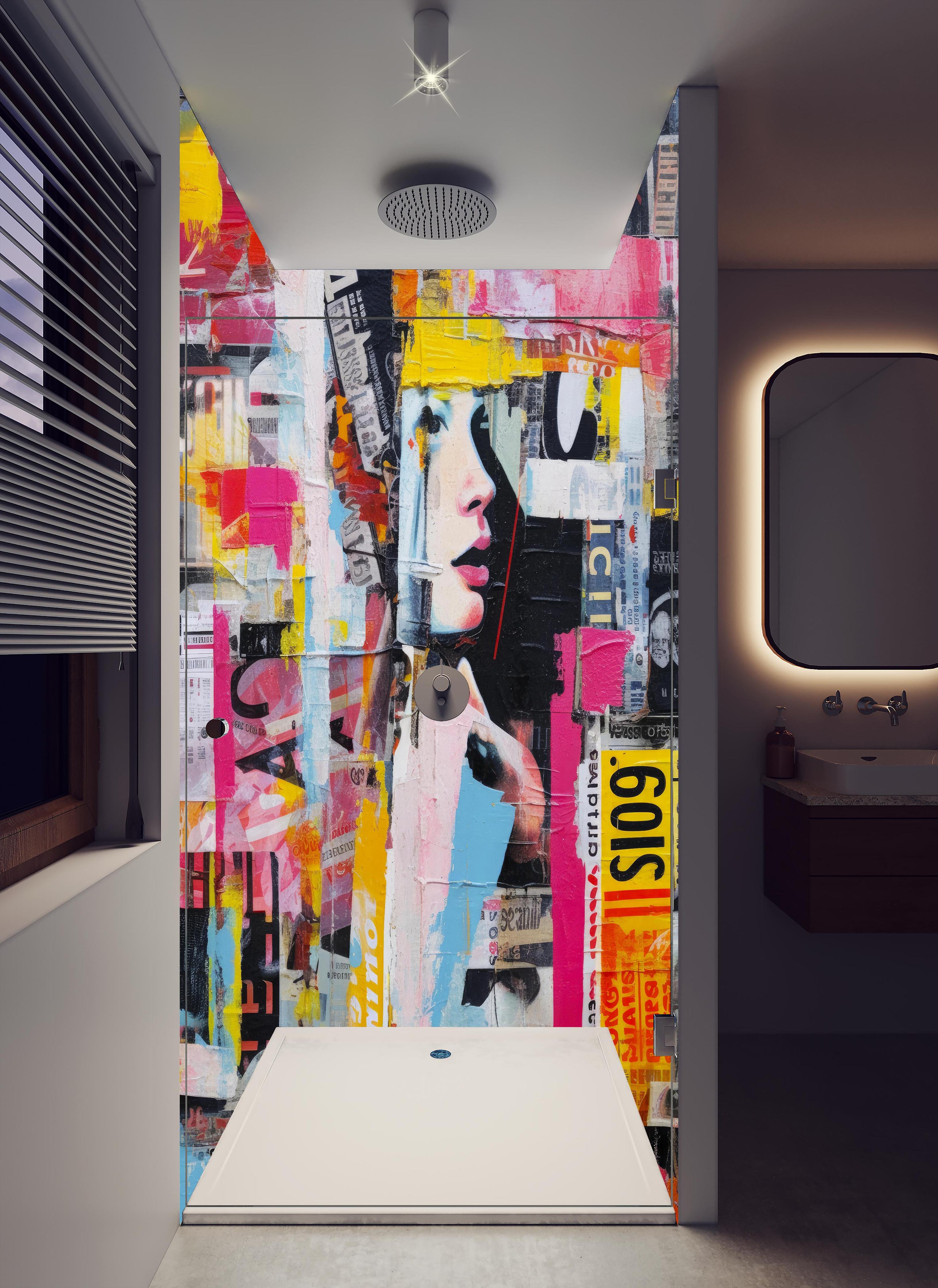 Duschrückwand - Farbenfrohe Urban-Art Frauencollage in hellem Badezimmer mit Regenduschkopf - zweiteilige Eck-Duschrückwand