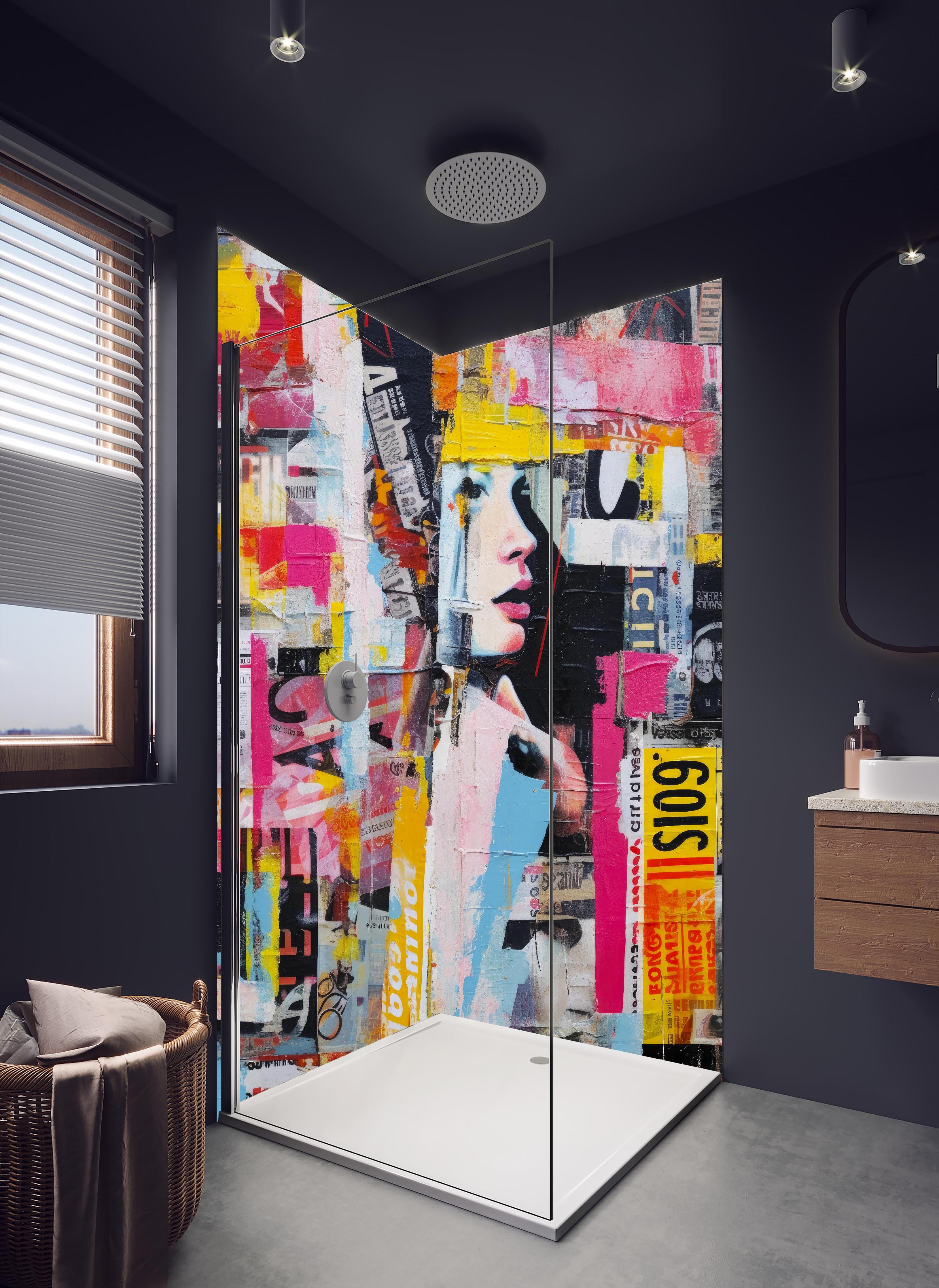 Duschrückwand - Farbenfrohe Urban-Art Frauencollage in hellem Badezimmer mit Regenduschkopf - zweiteilige Eck-Duschrückwand