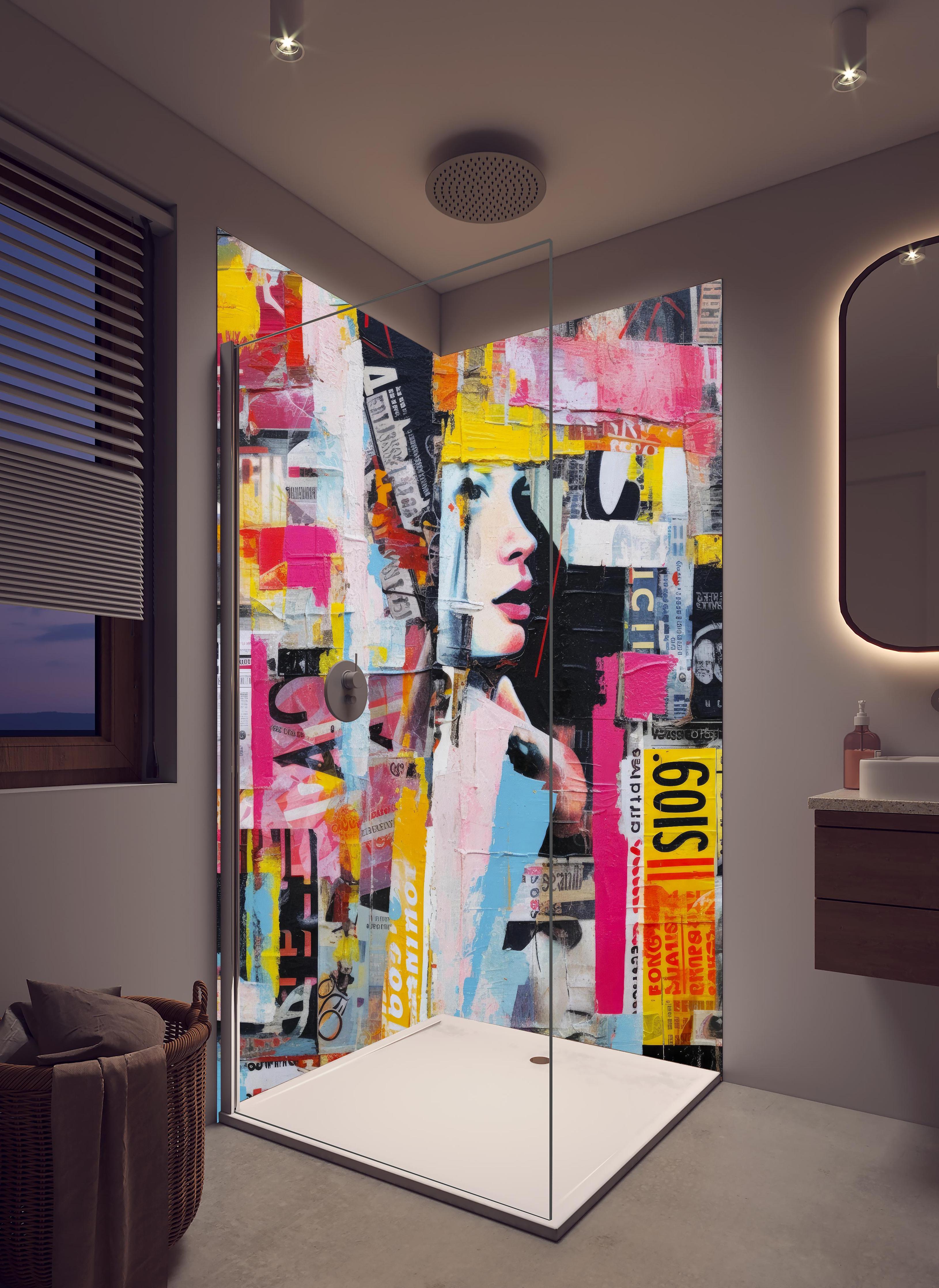 Duschrückwand - Farbenfrohe Urban-Art Frauencollage in hellem Badezimmer mit Regenduschkopf - zweiteilige Eck-Duschrückwand
