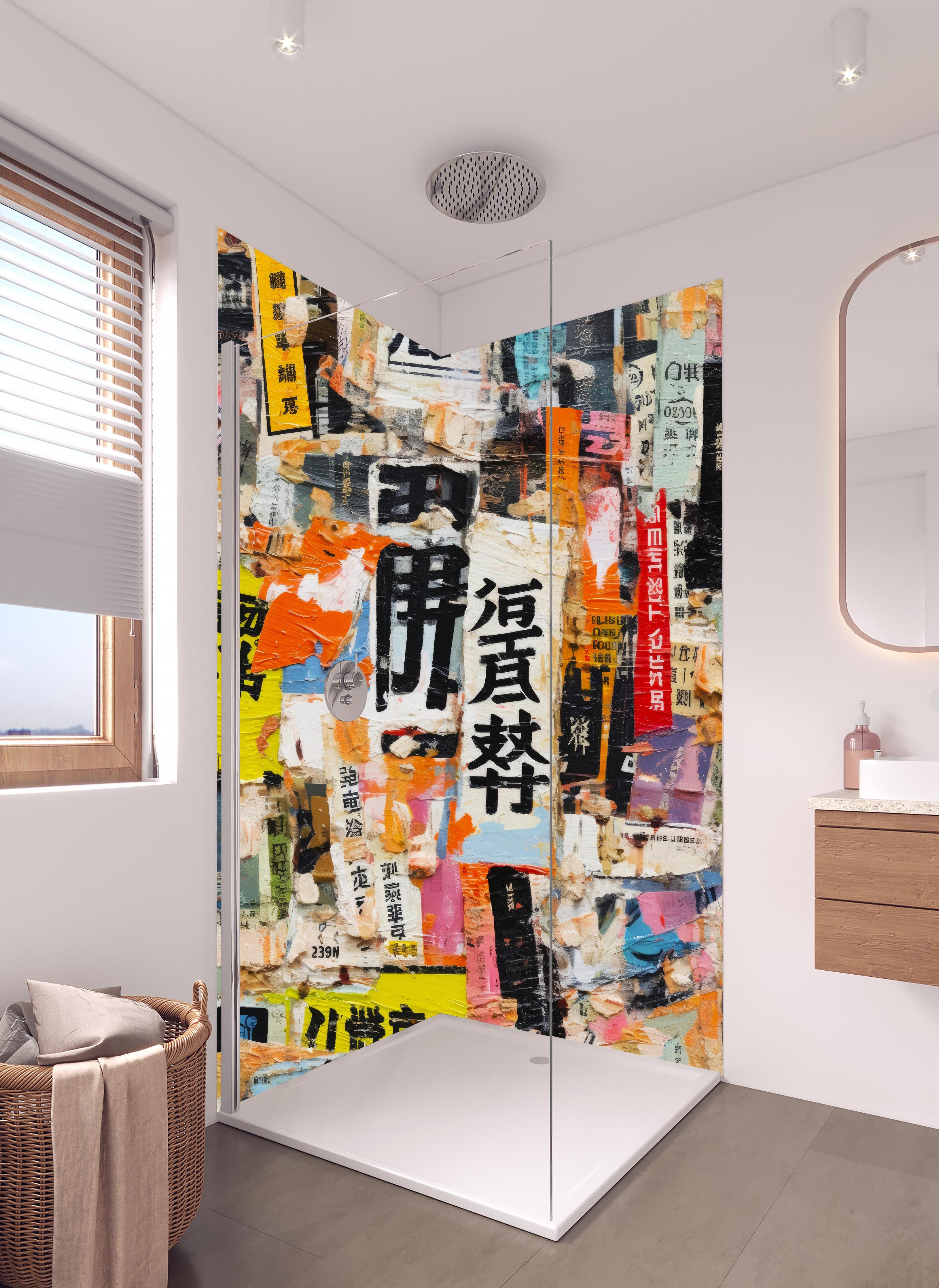 Duschrückwand - Farbenfrohe Urban-Art Frauencollage in hellem Badezimmer mit Regenduschkopf - zweiteilige Eck-Duschrückwand