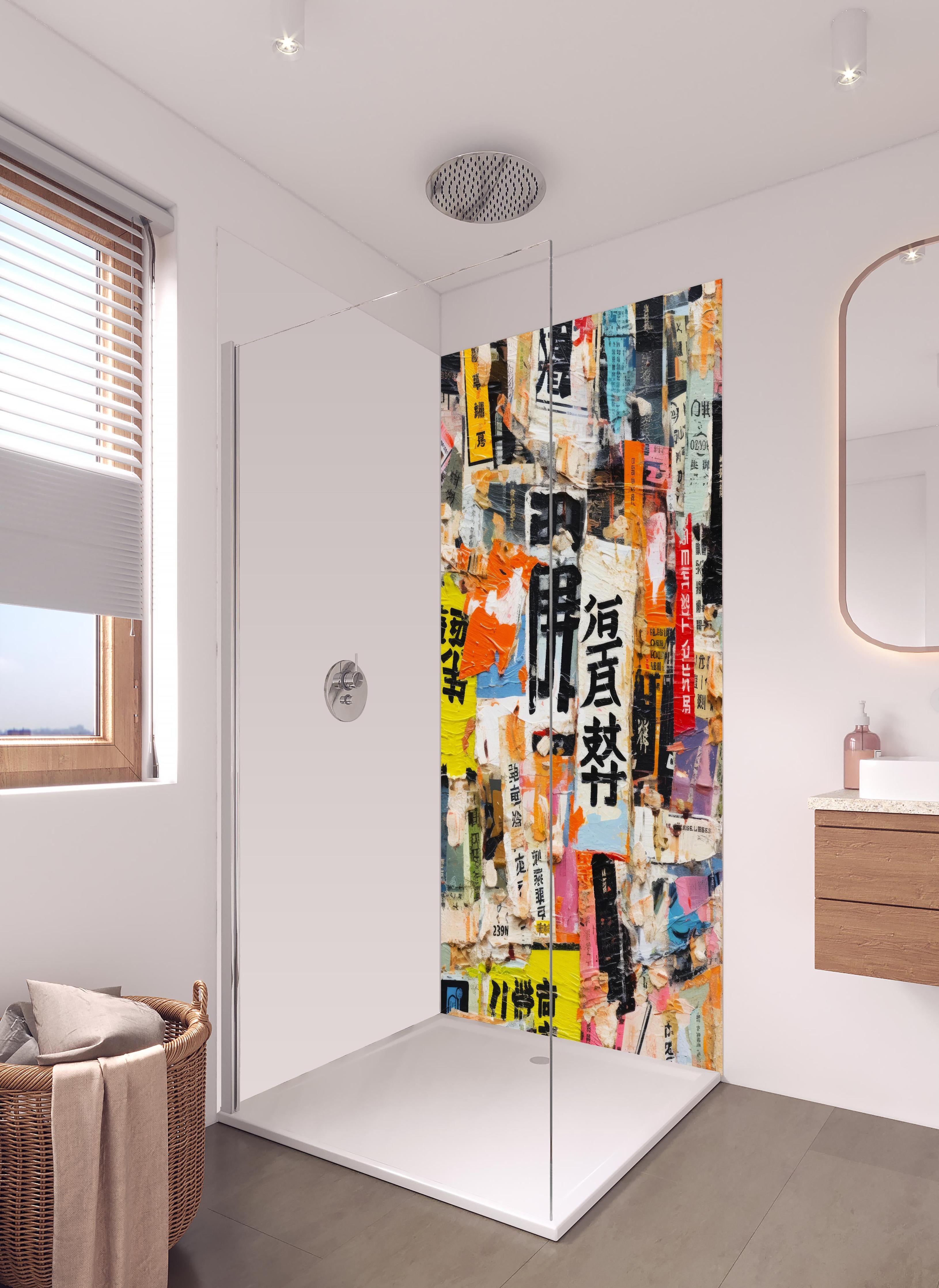 Duschrückwand - Farbenfrohe Urban-Art Frauencollage in hellem Badezimmer mit Regenduschkopf - zweiteilige Eck-Duschrückwand